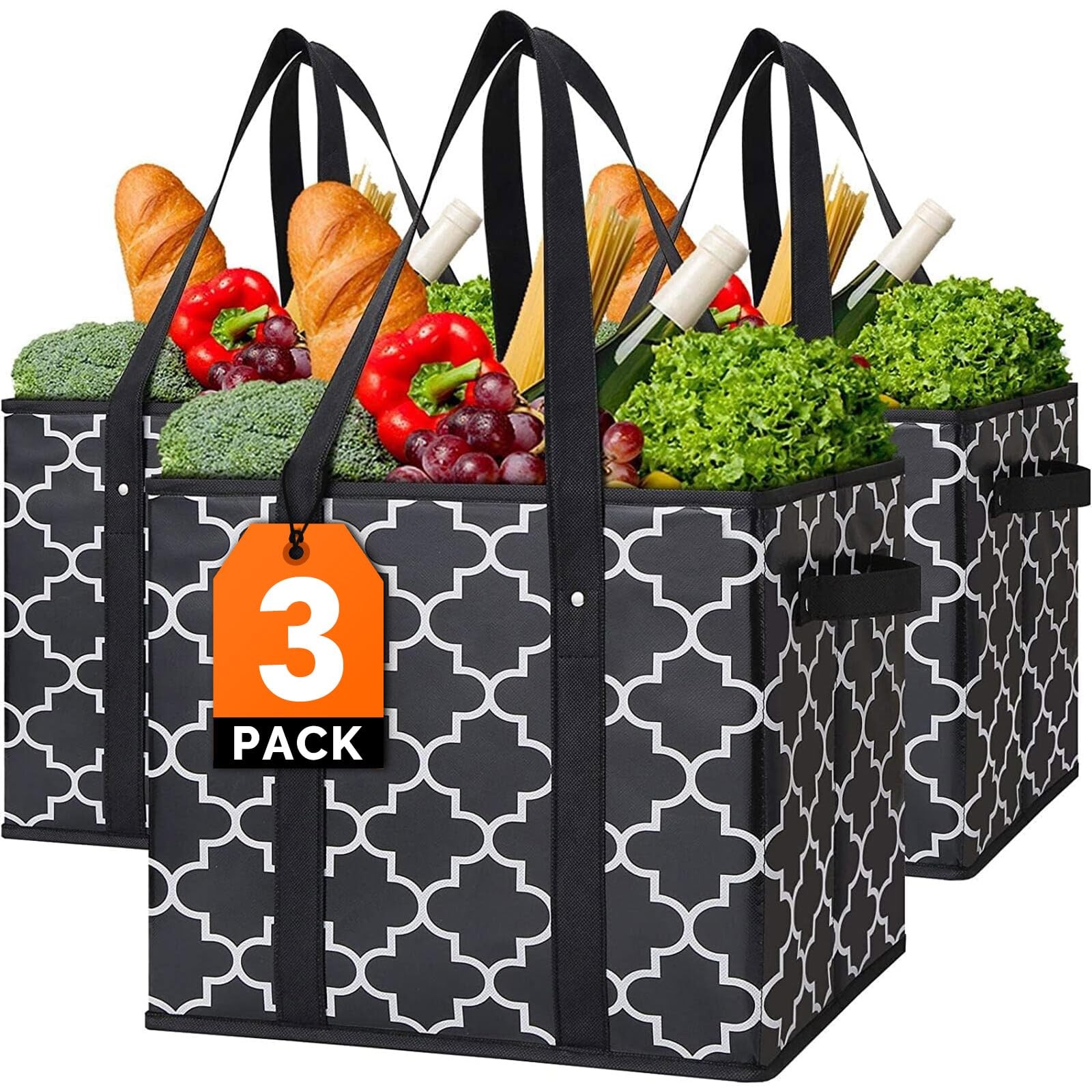 WISELIFE Reusable Grocery Bags 3-Pack Foldable Washable Large Storage Bins Ba…