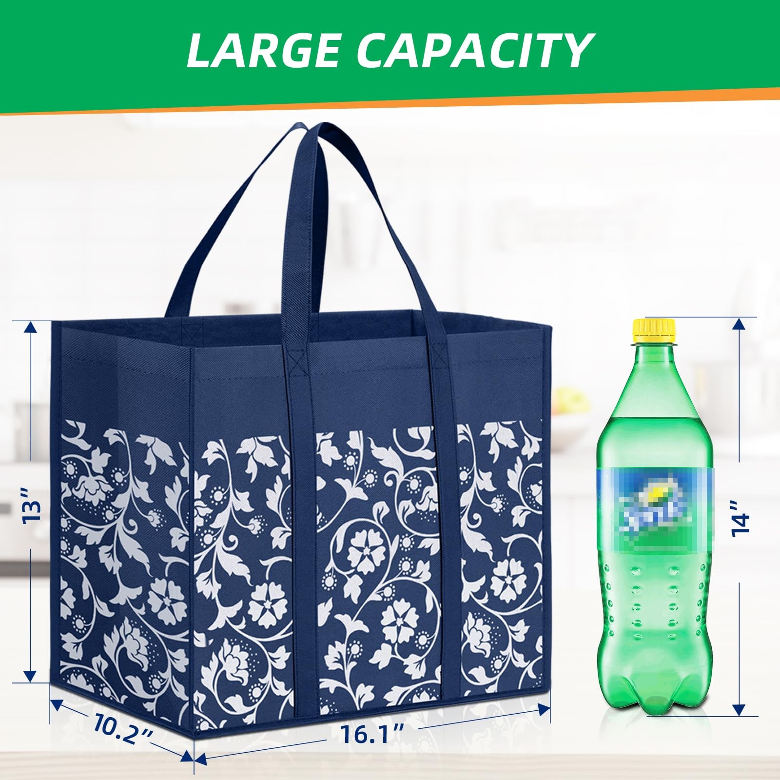 WOWBOX Reusable Grocery Bags Foldable Tote Bulk with 4-pack, Blue