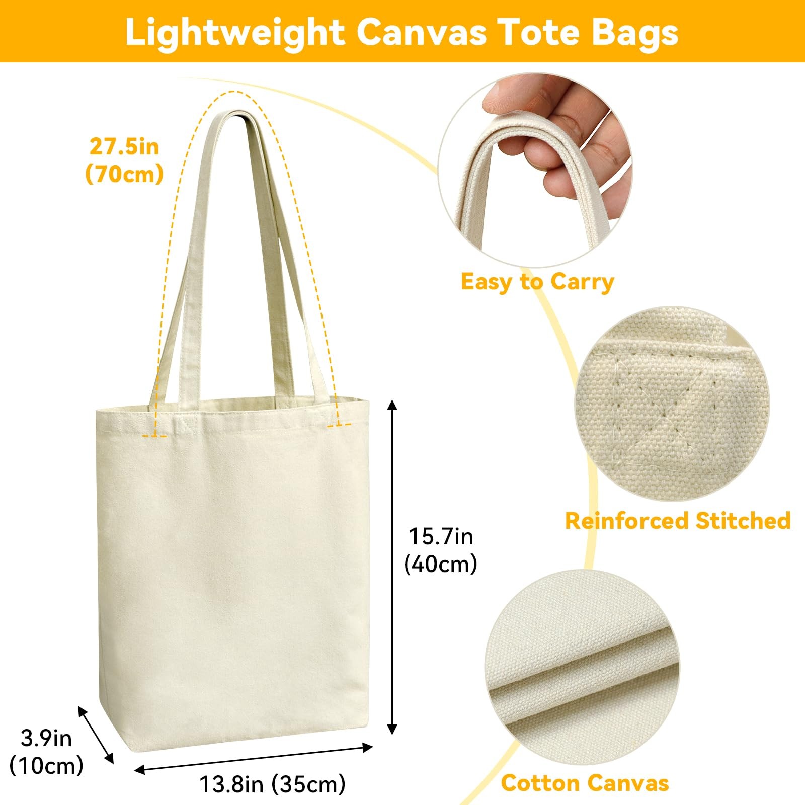 5-Pack 15.7″x13.8″ Natural Canvas Cotton Tote Bags, Lightweight Medium Reusab…