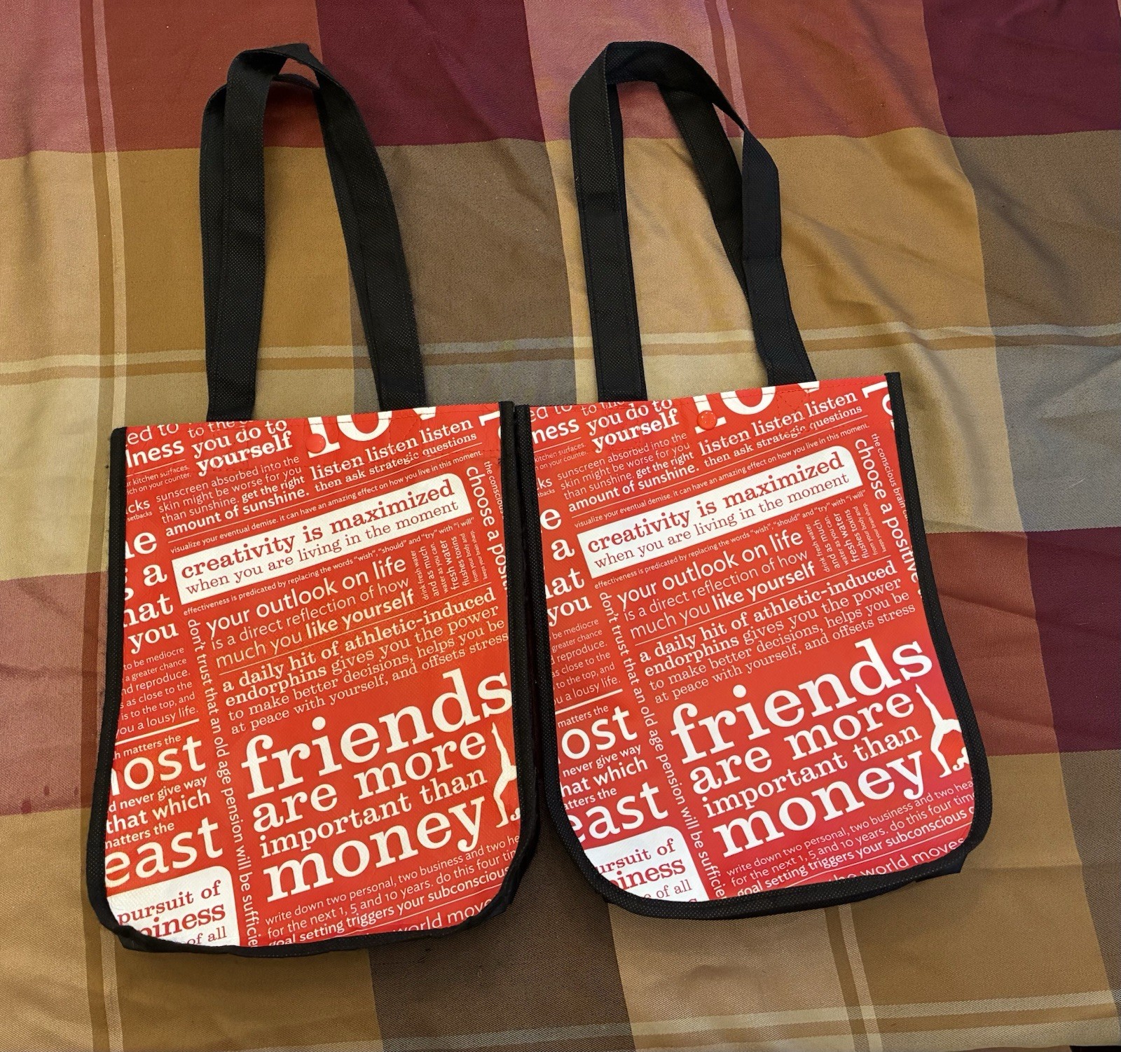 Lululemon Red/ Black Reusable Tote Lunch Bag Friends More Important Lot of 2