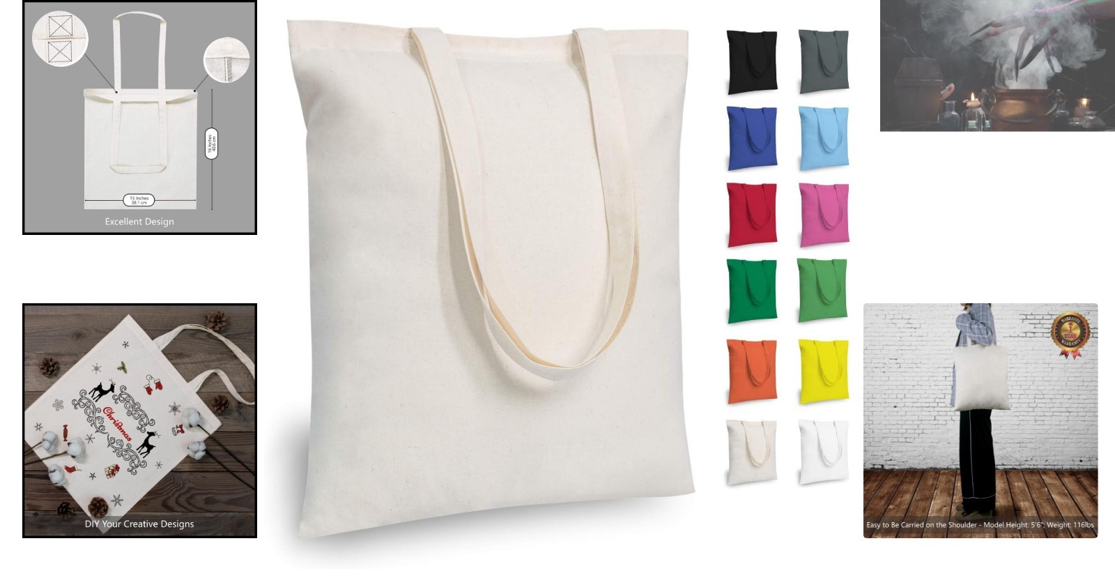 6-Pack Medium Cotton Tote Bags – Durable, Eco-Friendly, Lightweight & Versatile