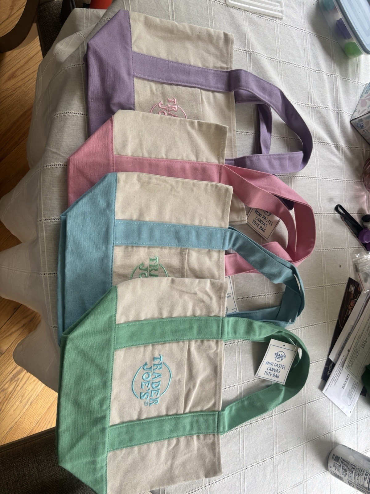 Trader Joe’s Mini Pastel Canvas Reusable Tote Bags 4-Pack Multicolor Solid