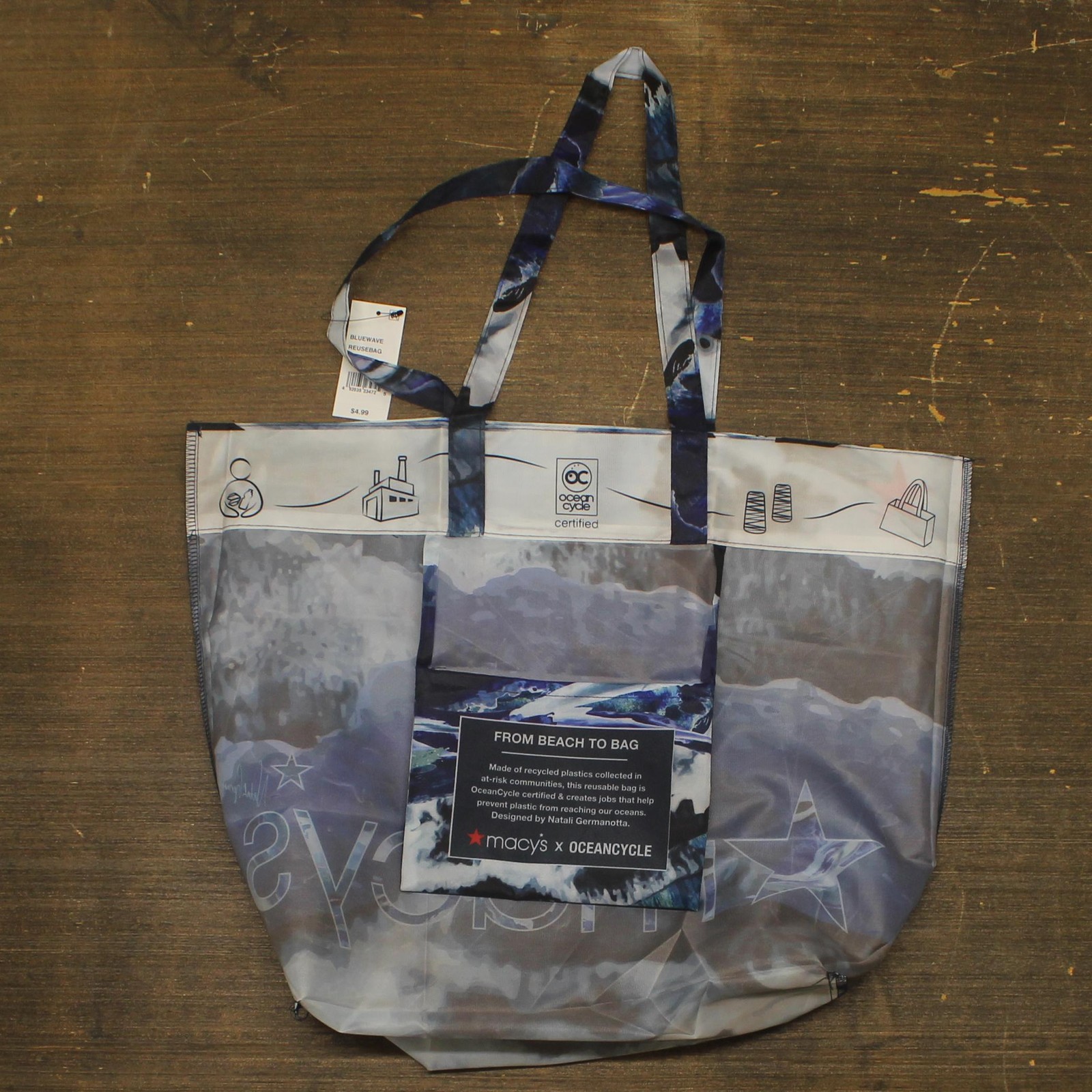 MCYS X Oceancycle Packable Reusable Shopping Tote Blue Wave 20 in. x 16 in.