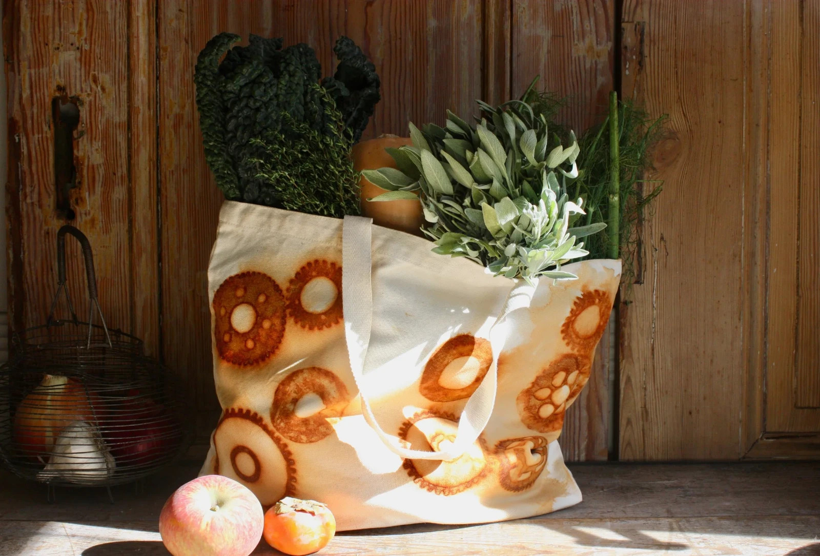 Organic Cotton Farmers Market Tote Bag Rusty Gears Handmade XL 18×14.5 Rust Dyed