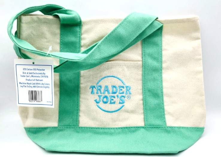 Trader Joe’s Pastel Green Canvas Mini Tote Bag Embroidered Double Handles