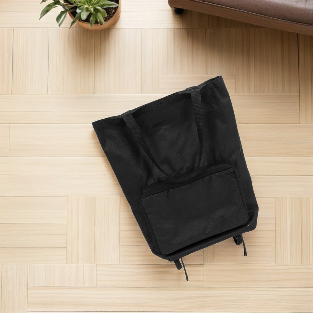 Portable Folding Shopping Bag with Wheels Lightweight Black Oxford Fabric Tote