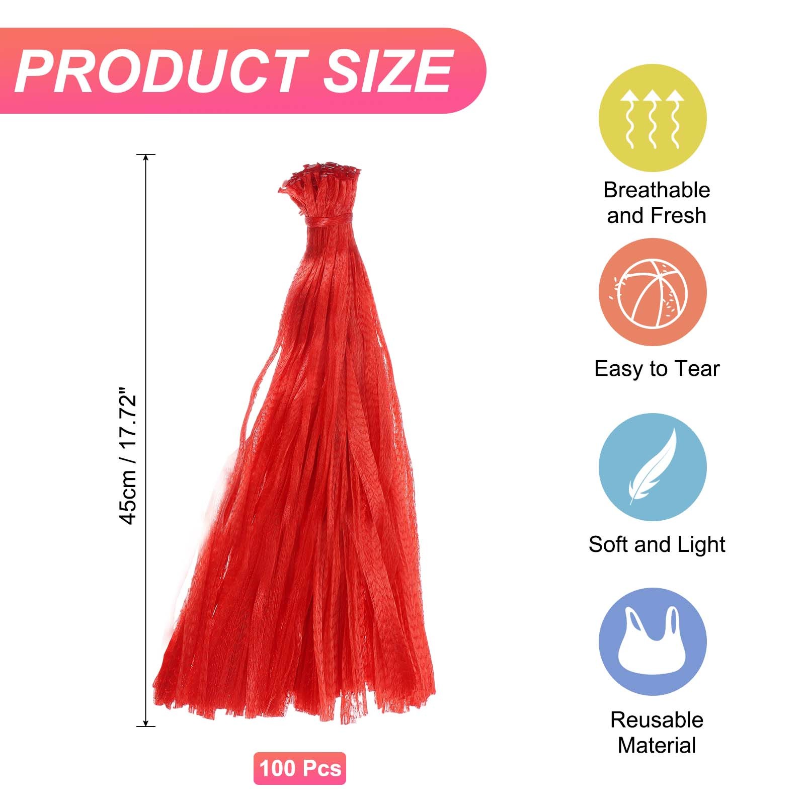 100Pcs Reusable Mesh Produce Bags, 17.7 Inches Hatching Bags, Red