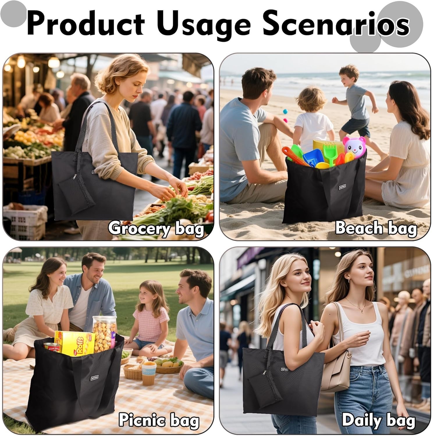 Tear-Resistant Large Reusable Grocery Tote with Waterproof Zipper Closure