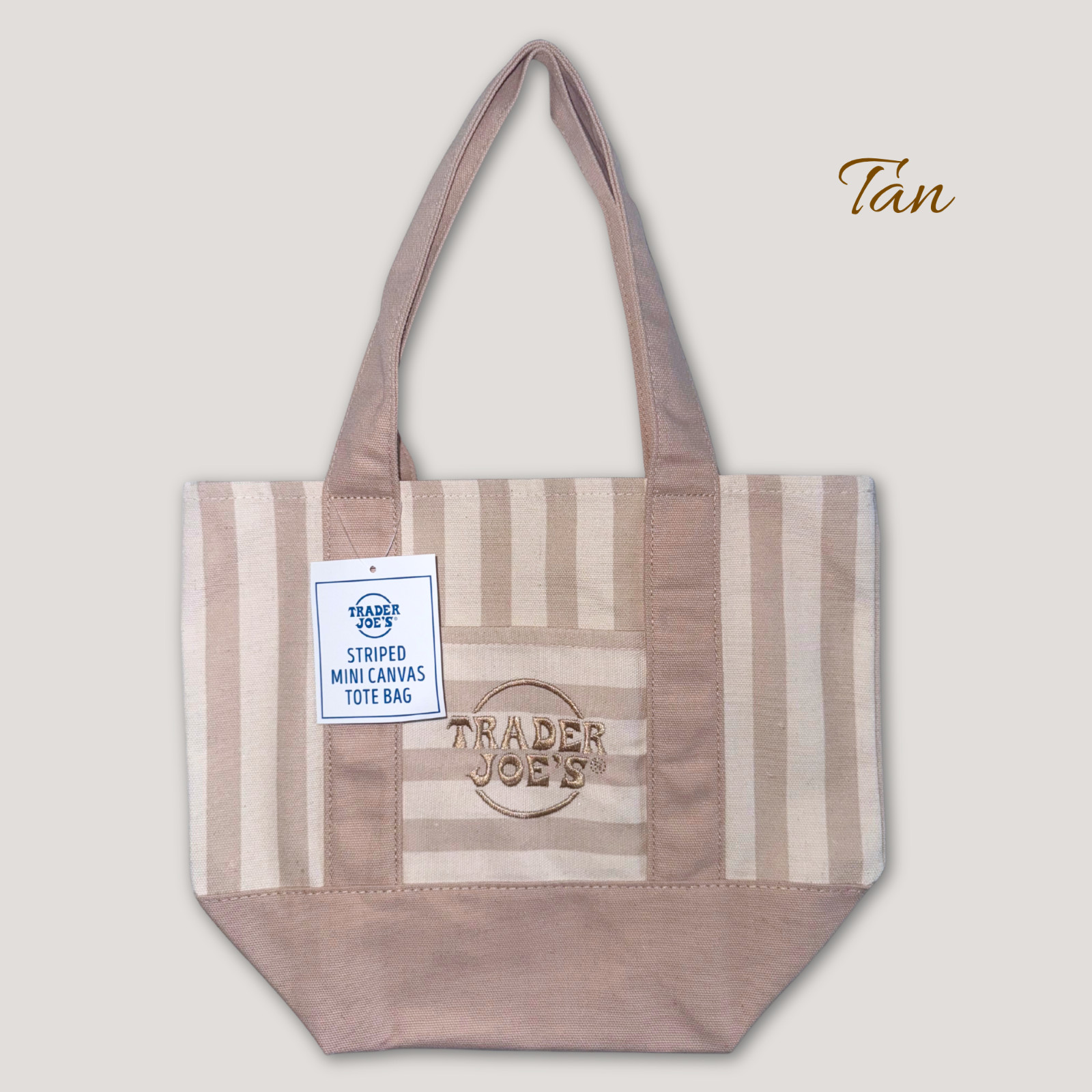 Trader Joe’s Mini Canvas Tote Bag Tan Beige Pastel Striped Reusable Shopping Bag