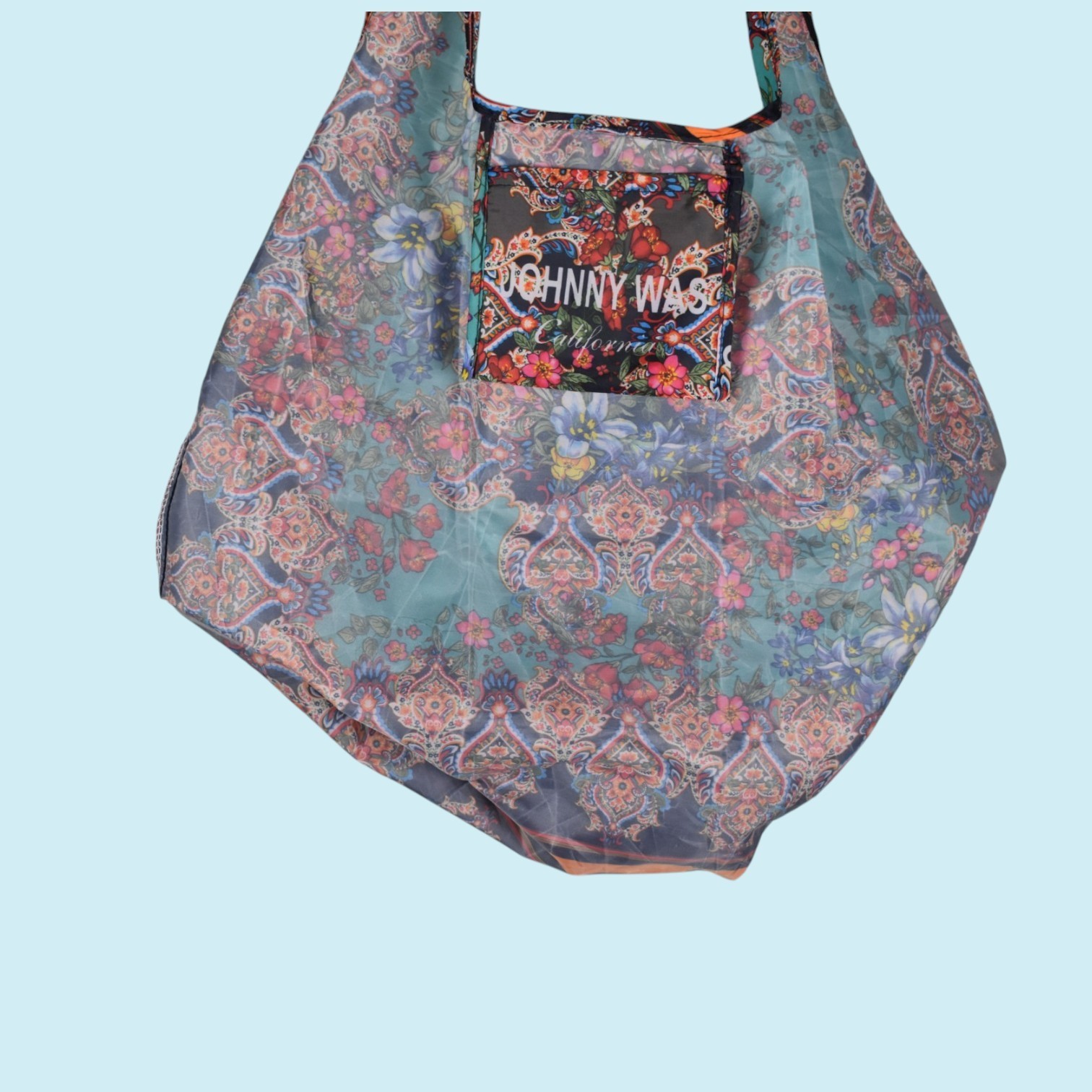 Johnny Was Bag Medium Blue Orange Lightweight Reusable Shopping Tote Floral Boho