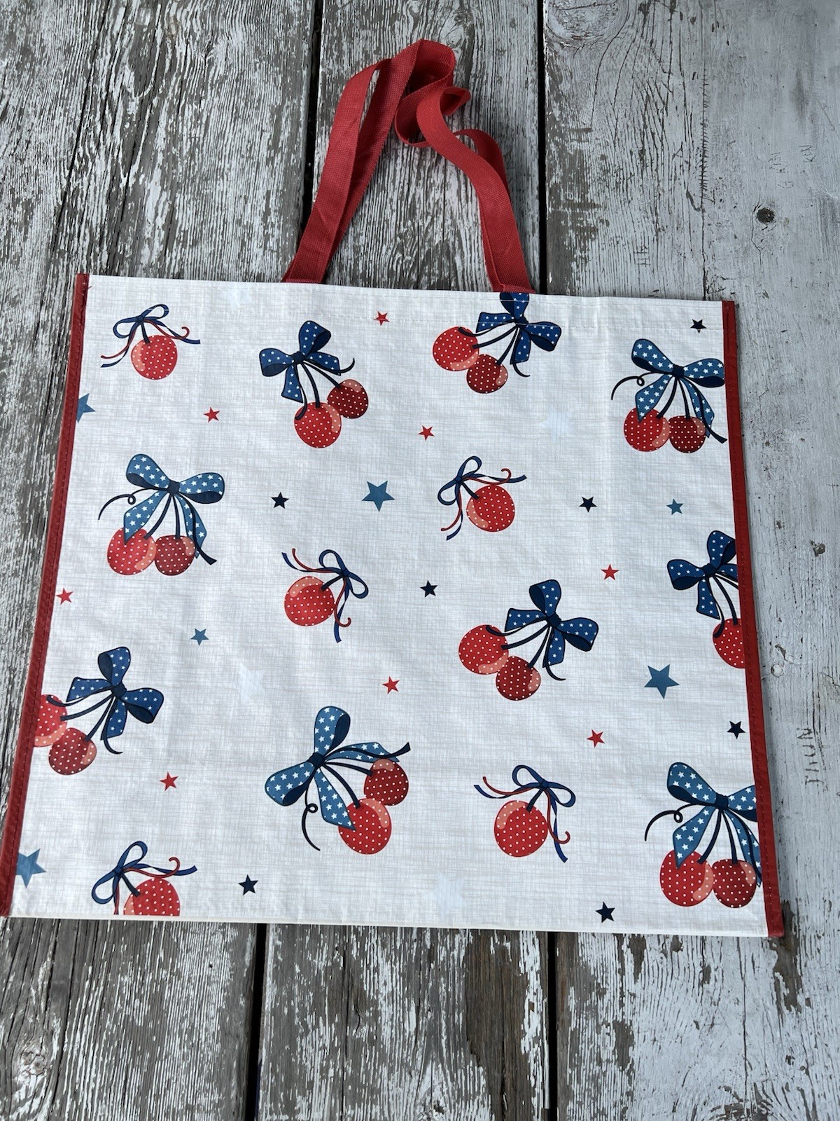 Cherry Red White Blue Shopping Gift Bag Reusable Large Tote Summer USA July 4th