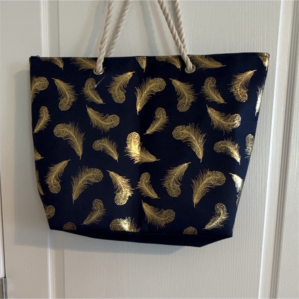 Blue/Gold Feather Print Fabric Tote Bag Rope Handles Zip Closure 20x6x15