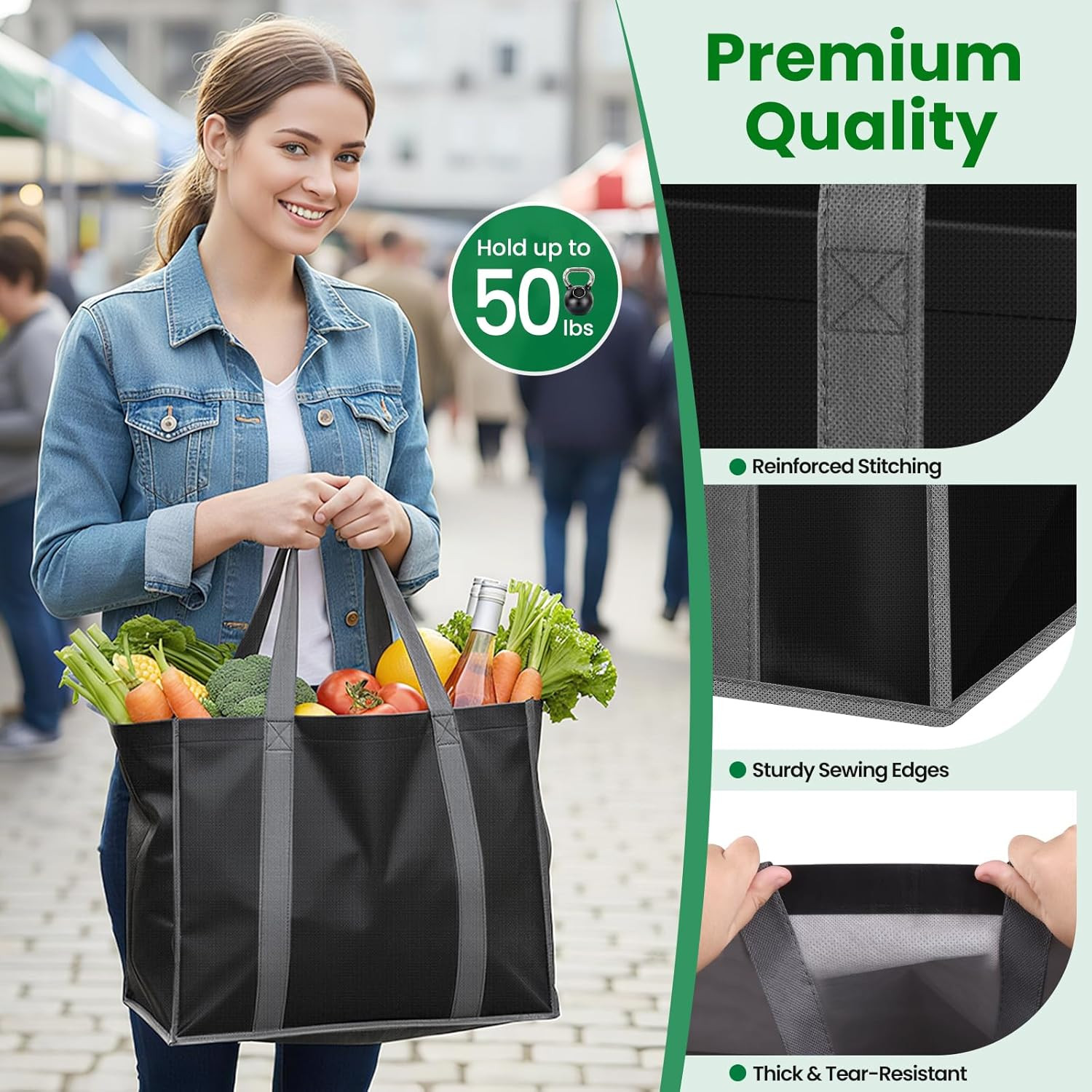 Reusable Grocery Bags with Long Handles [3 Pack] – Multipurpose Large Shopping B