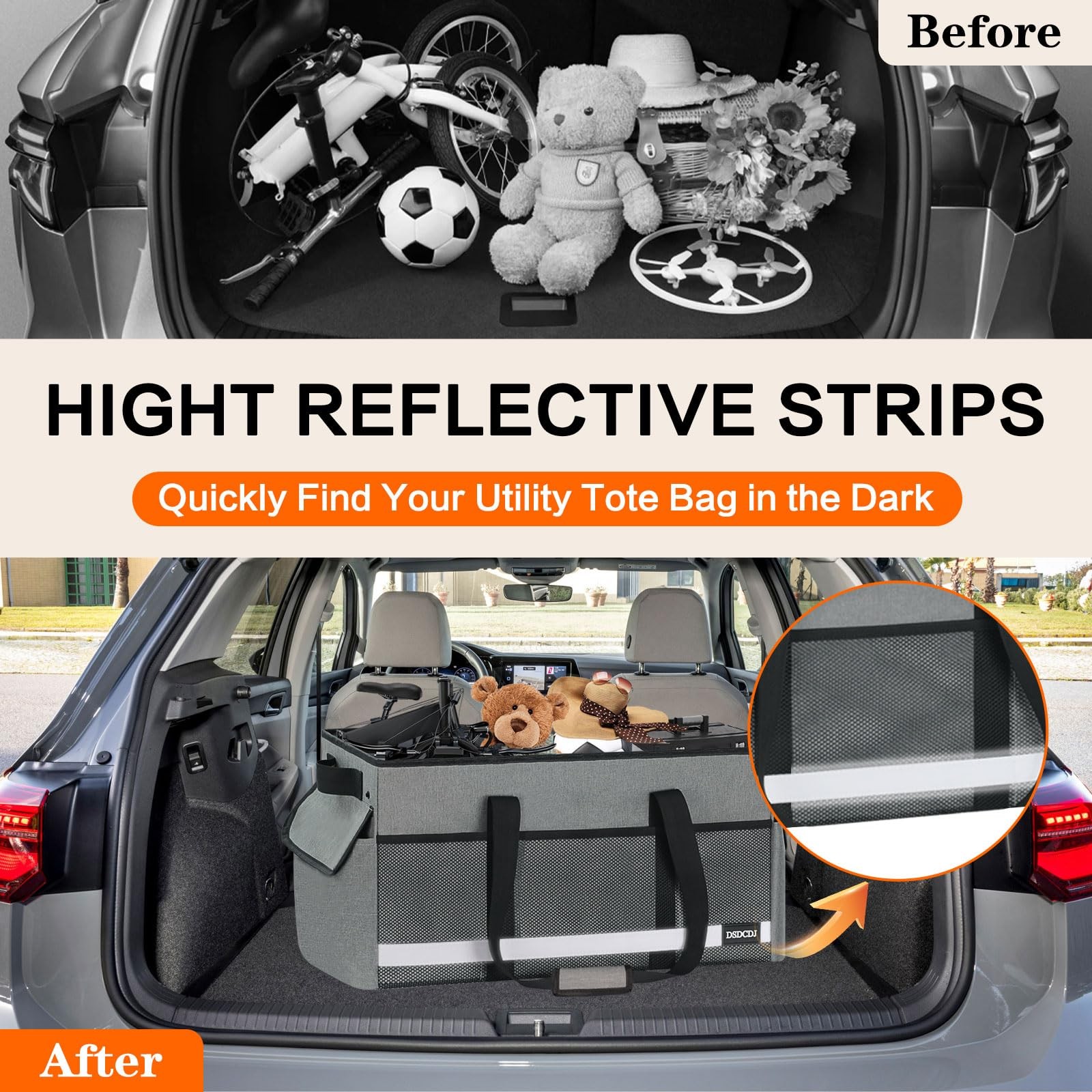 Upgrade Extra Large Utility Tote Bag with Reflective Strip, Standing Reusable Gr