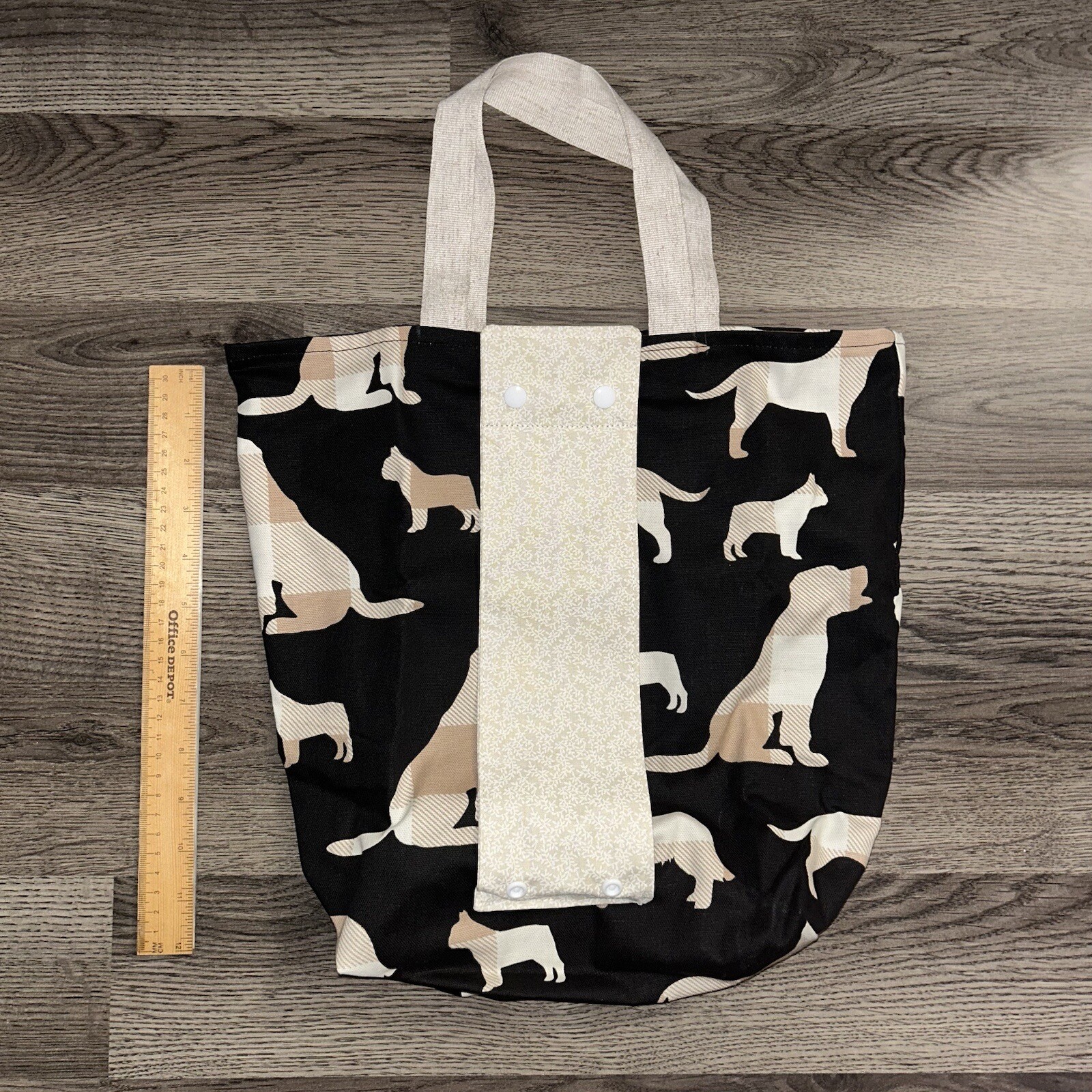 Handmade Embroidered Foldable Reusable Grocery Bag Khaki Plaid Black Dogs