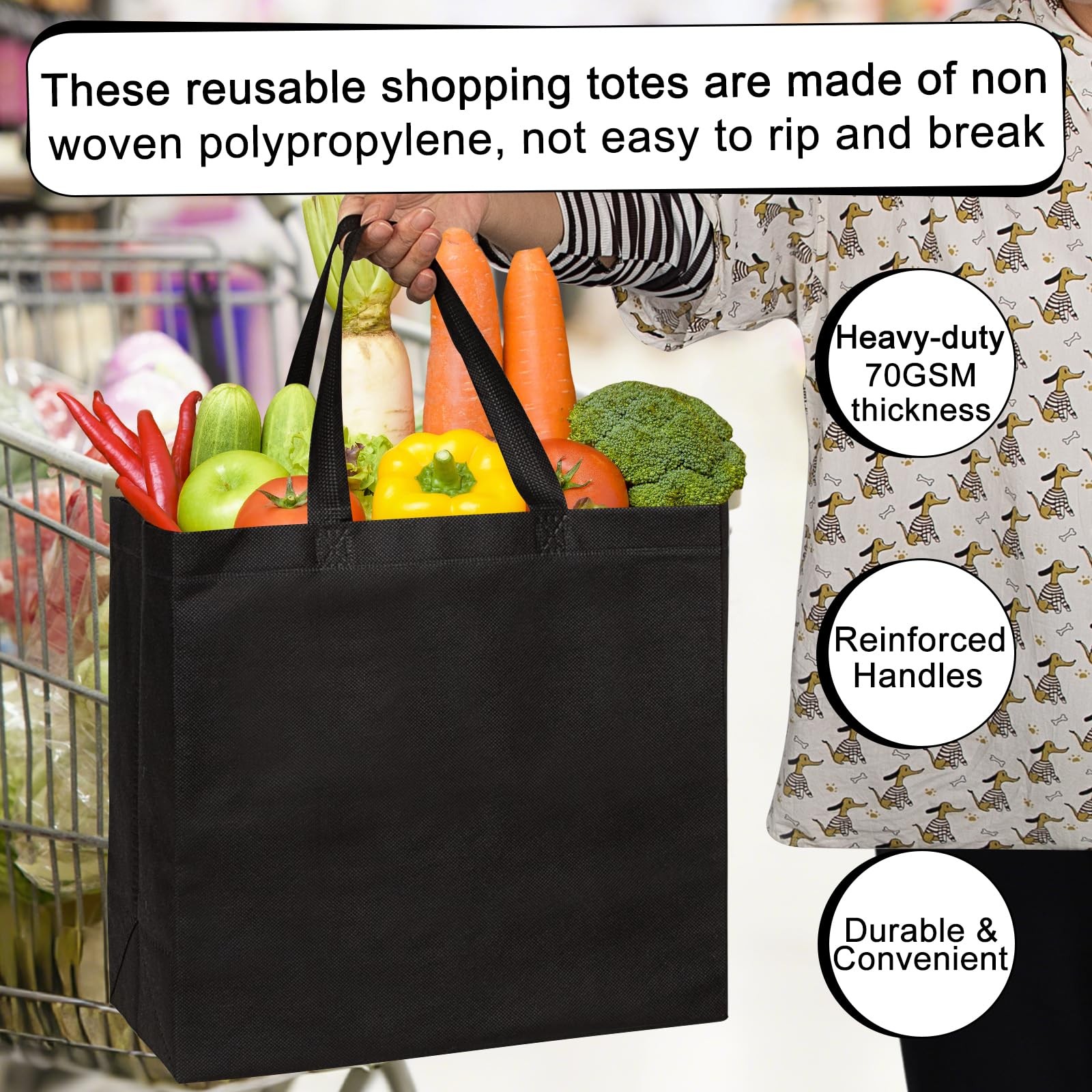 50 Pack Black Reusable Totes Bag with Reinforced Handles Non Woven Bulk Shopp…
