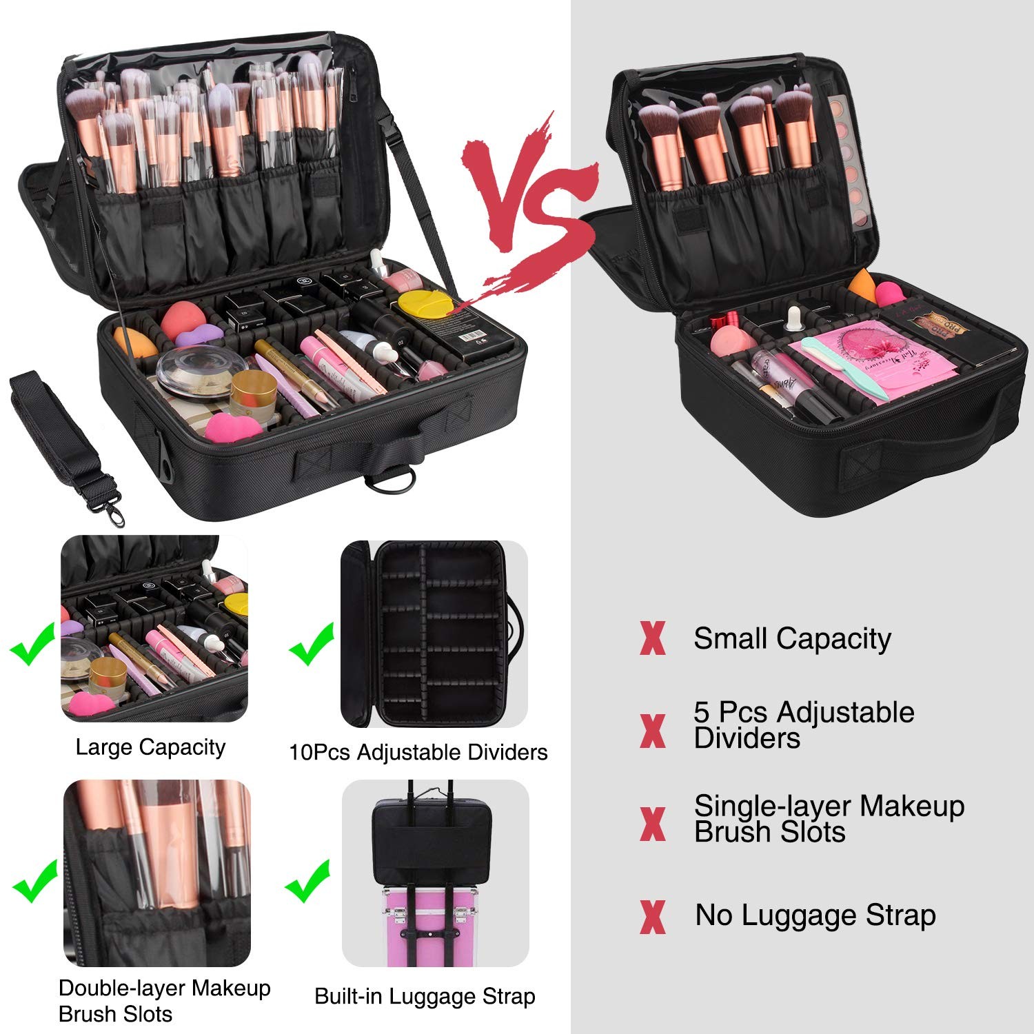Relavel Makeup Bag Travel Train Case 13.8 inches Large Medium, m Black