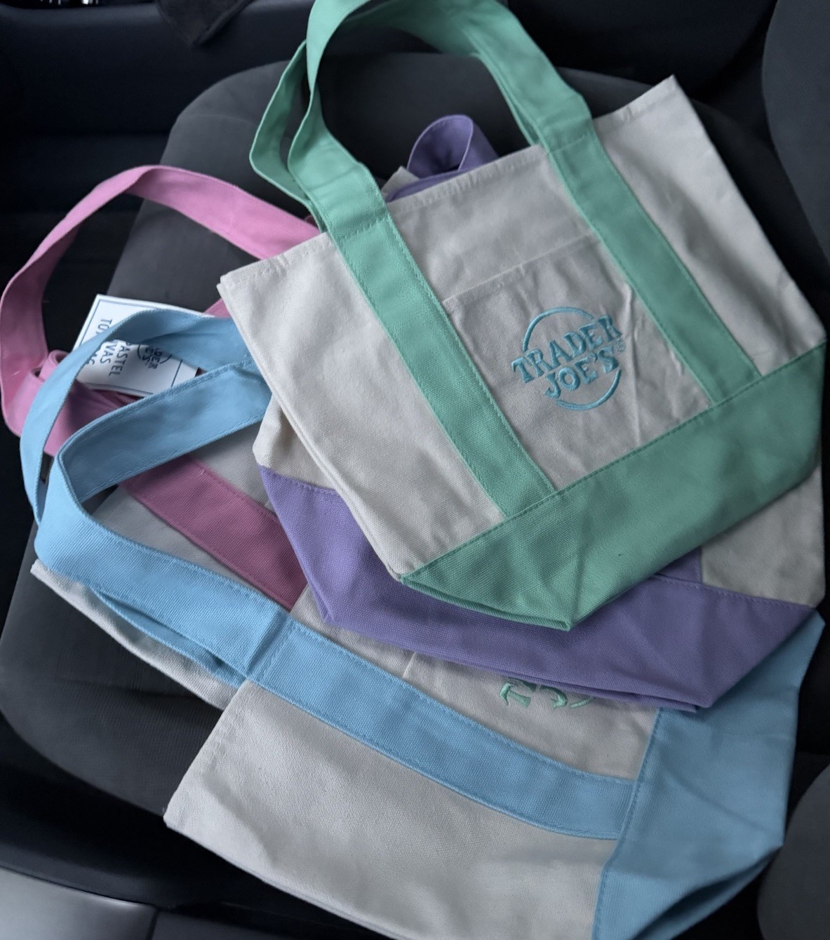 Trader Joe’s Mini Pastel Canvas Tote Bag Set Of 4 NWT Blue Green Pink Purple OBO