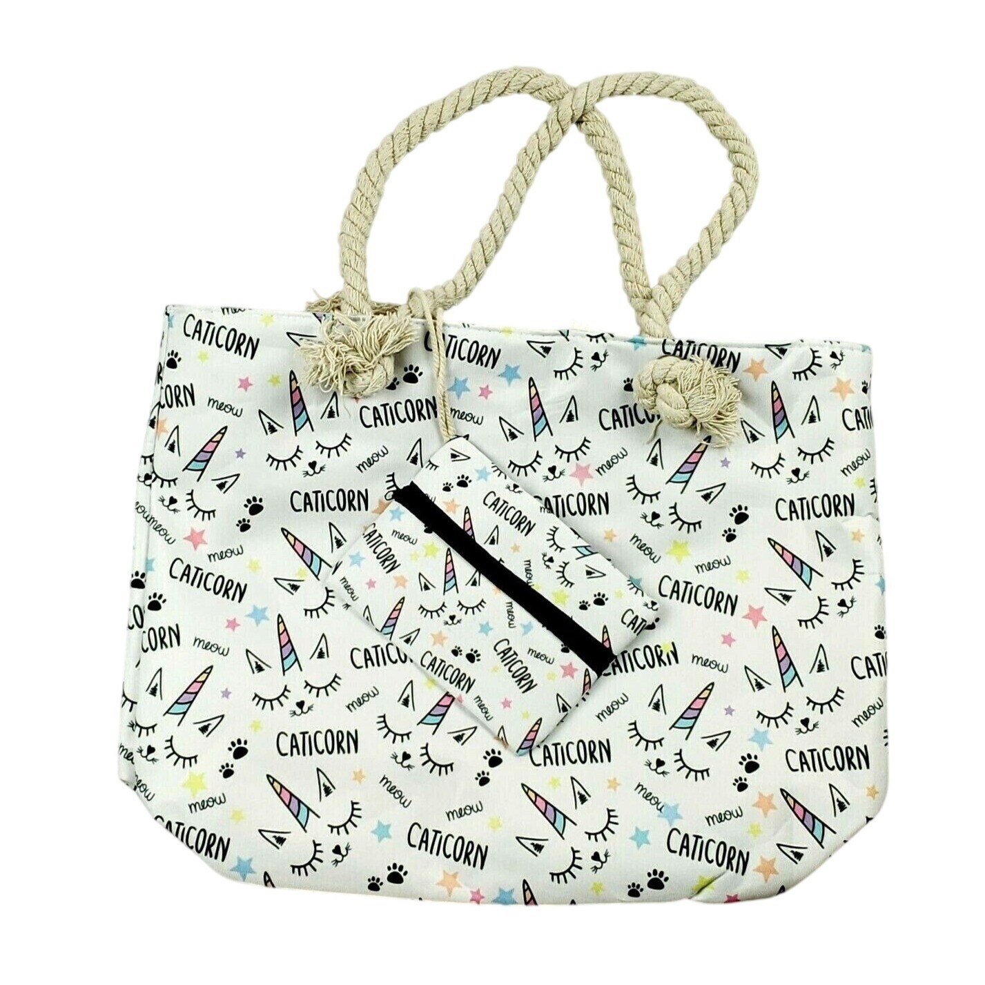Caticorn Canvas Tote Bag Rope Handles Matching Pouch White With Multicolor Print