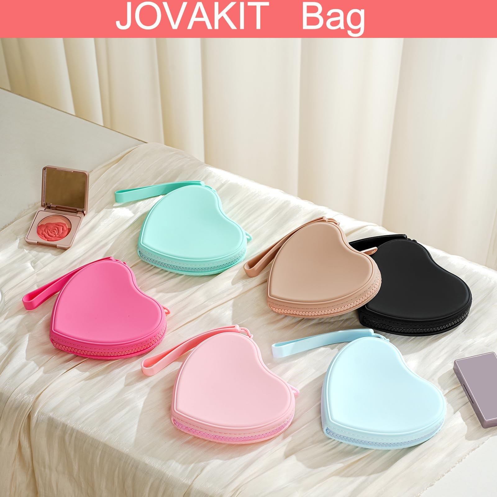JOVAKIT Small Heart Shaped Portable Silicone Makeup Bag for Women, 02 Red