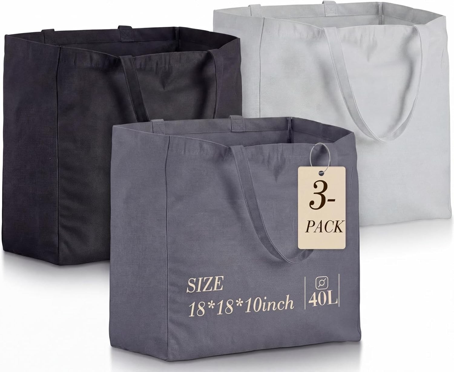3 Pcs 18x18x10 in Extra Large Reusable Canvas Tote Bag W/ Zipper Washable Heavy