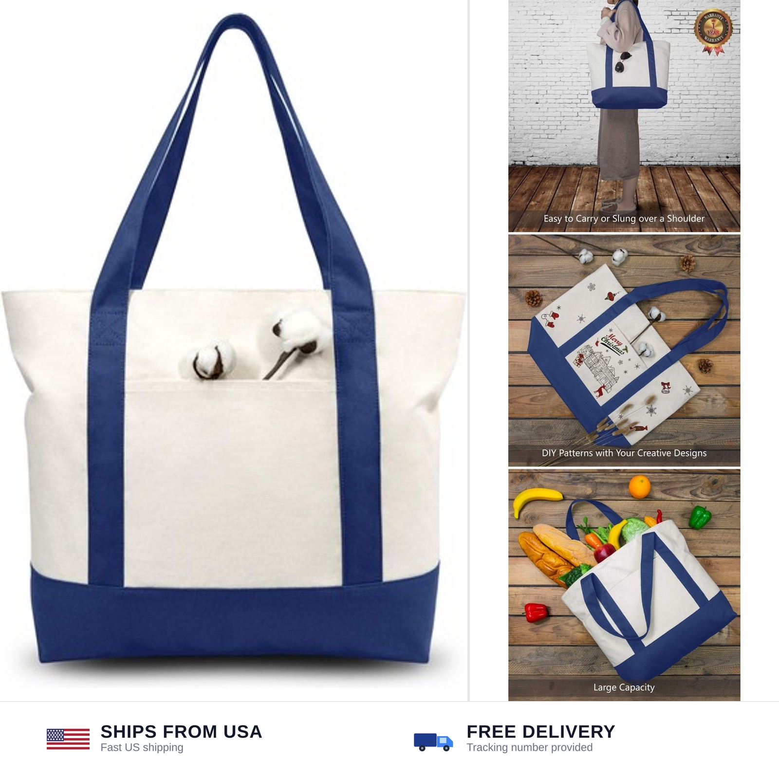TOPDesign 1-Pack Canvas Tote Bag with an External Pocket, Reusable Grocery Sh…