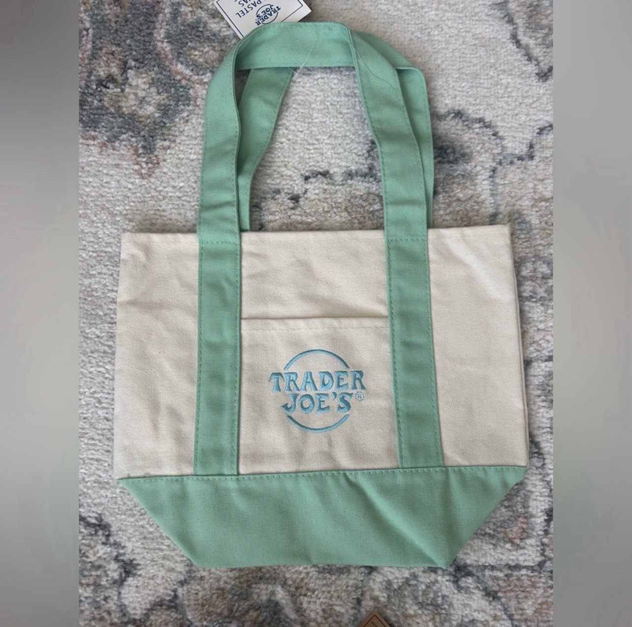 Trader Joe’s Canvas Tote Bag Foldable Beige Green Colorblock Reusable Shopping