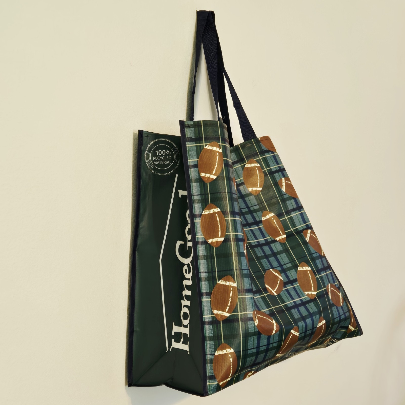Football Sports Fall Ball Plaid Reusable Blue Green Gift Tote Bag Homegoods