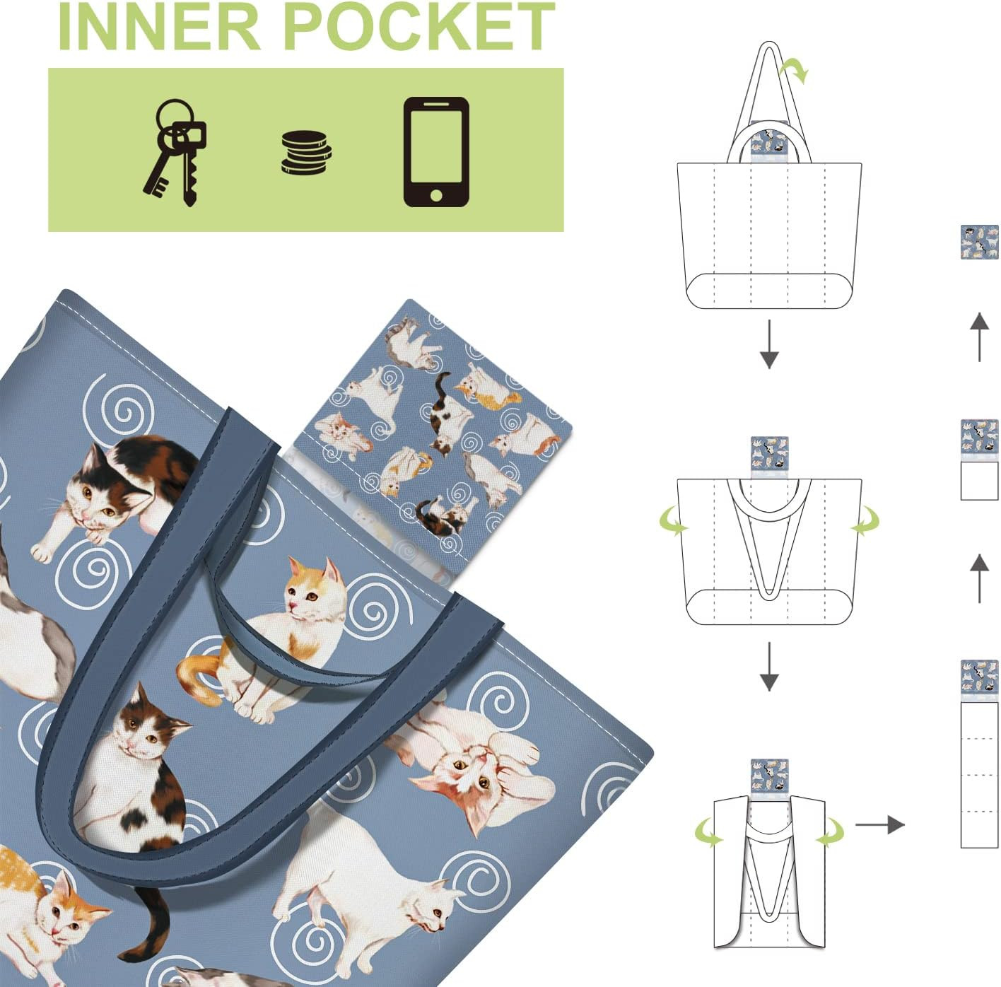 2 Pack Reusable Grocery Bags Polyester Cute Cat Shopping Bag with Handles Foldab