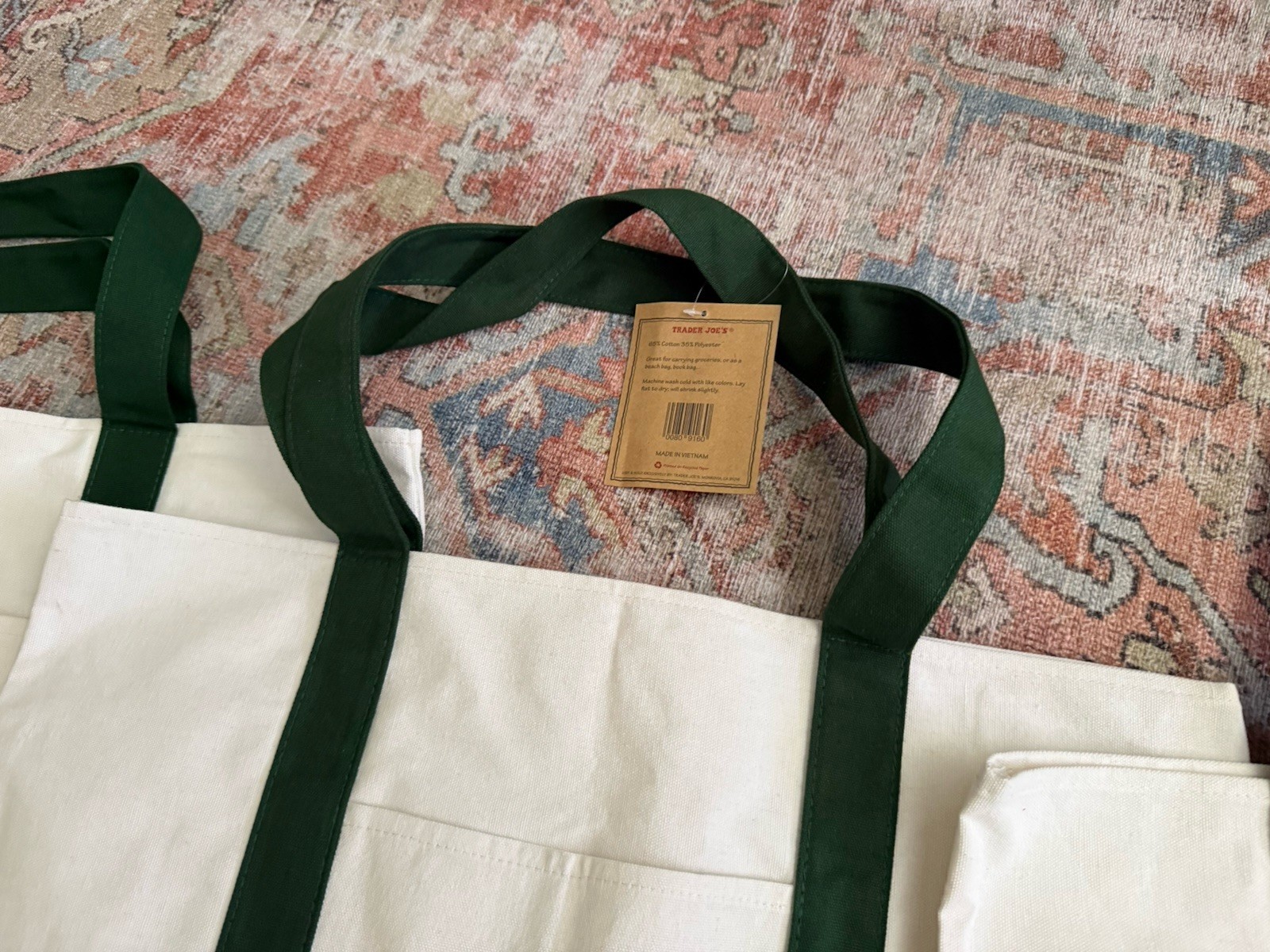 Trader Joe’s Set of 3 Reusable Canvas Tote Bags Green White Solid
