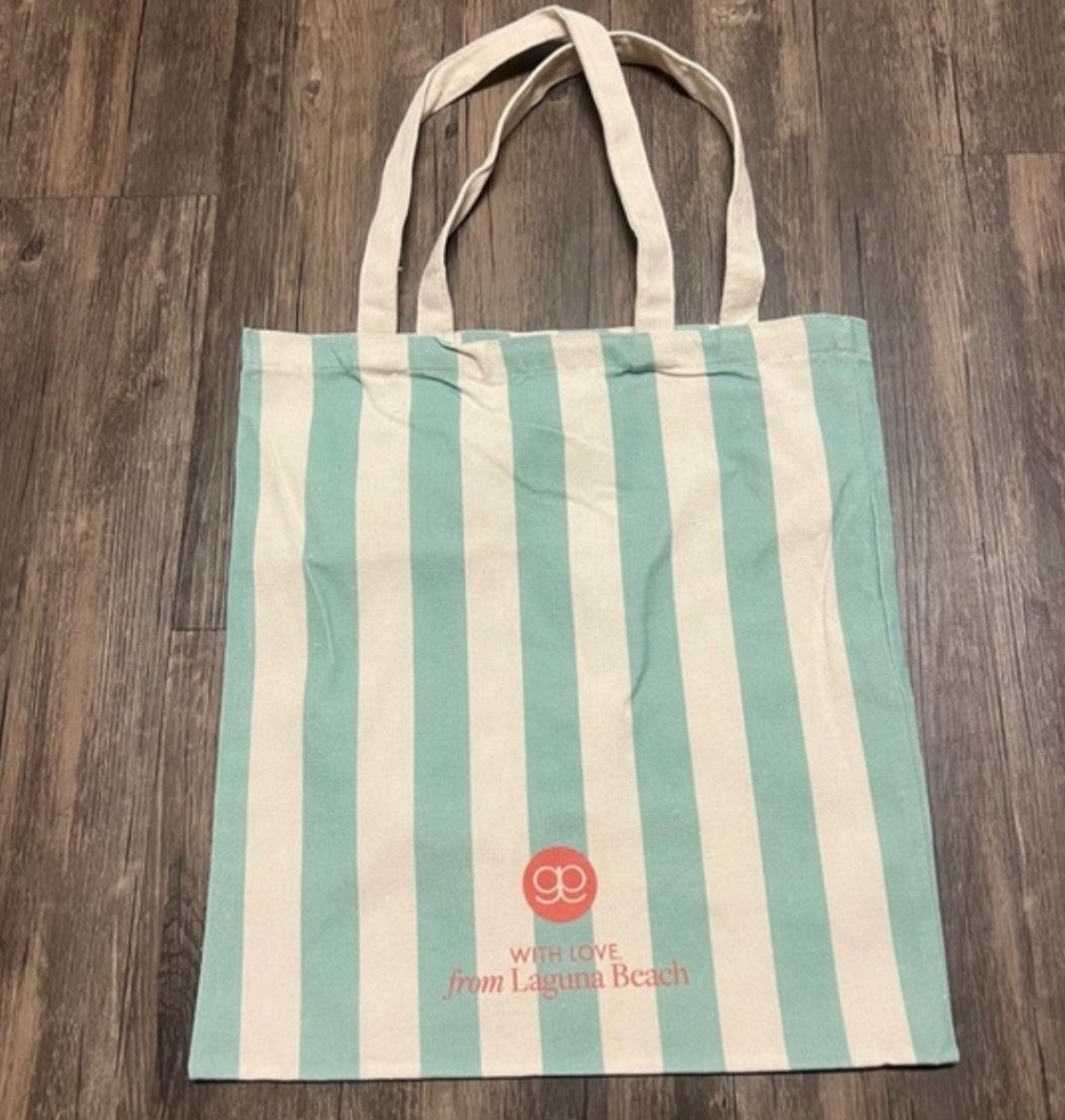 NEW! GORJANA Green Beige Stripe Canvas Logo Reusable Shopping Tote Bag FREE SHIP