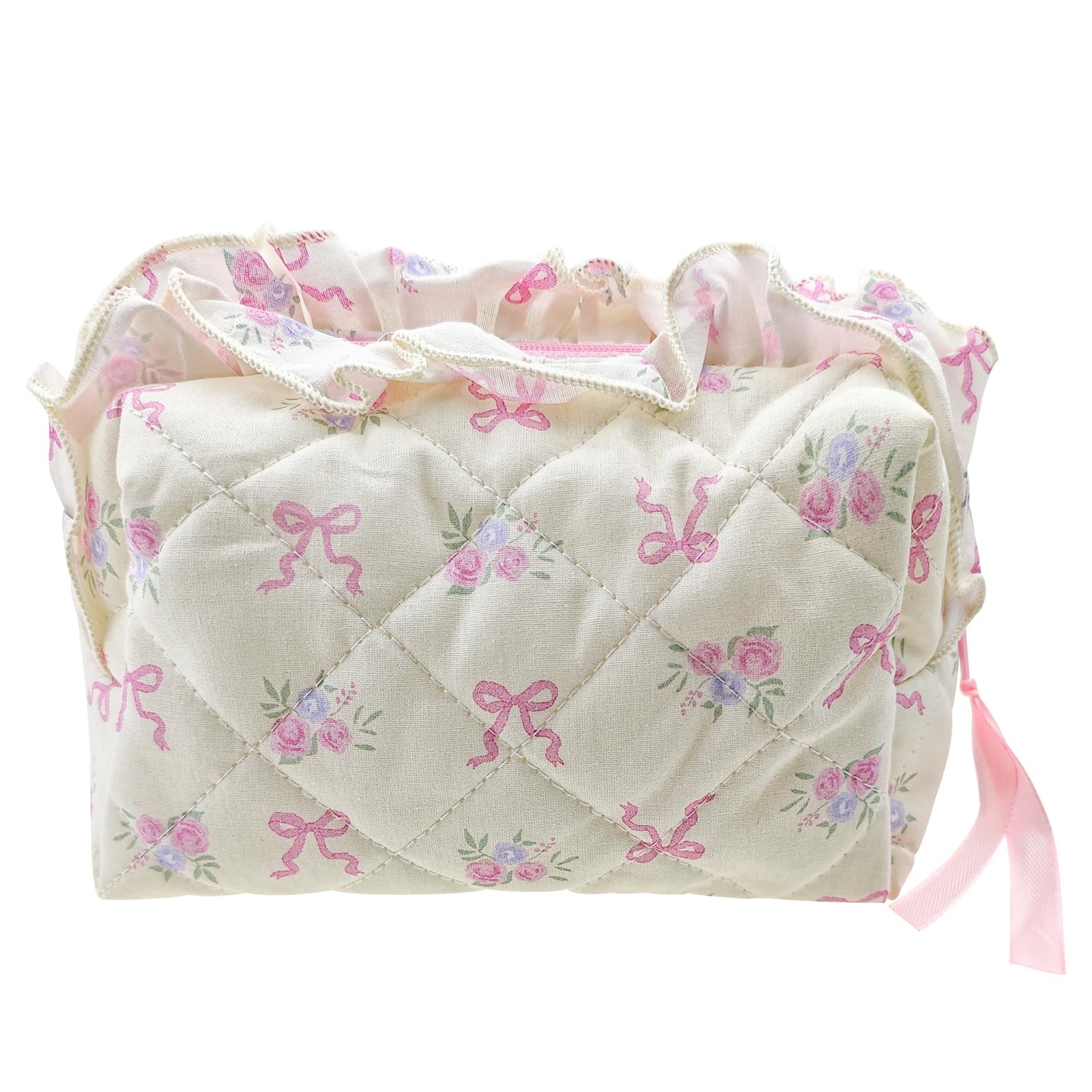 Arvintas Quilted Makeup Bag, Cute Pouch Toiletry Travel White