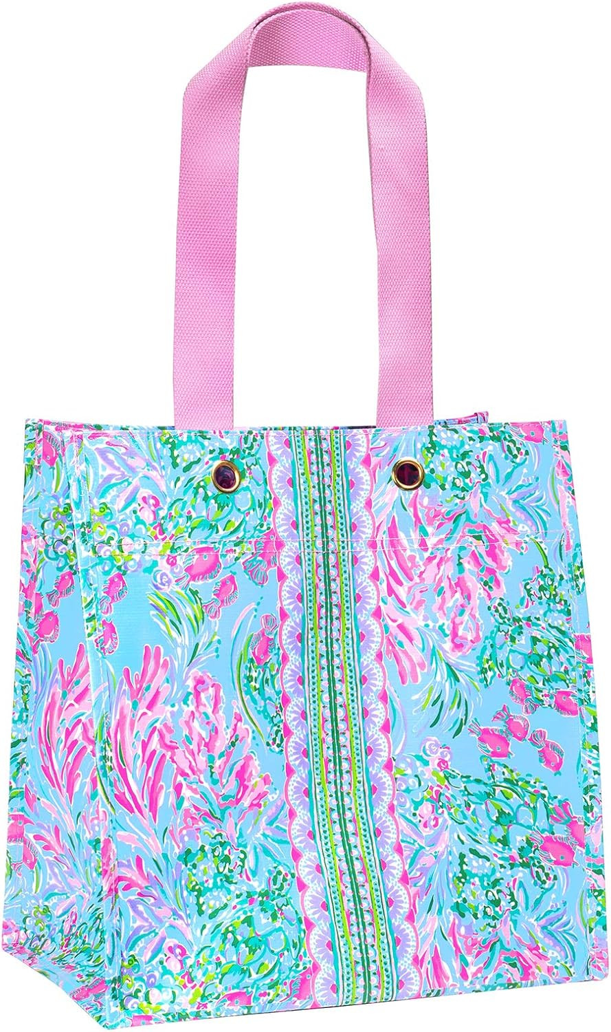 Lilly Pulitzer Pink/Blue Market Shopper Bag, Reusable Grocery Tote with Comforta