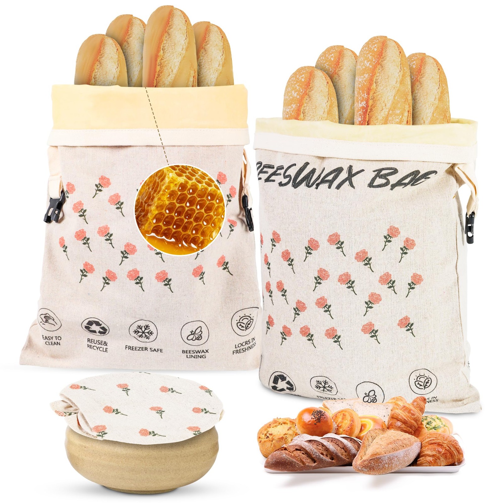2 Pack Beeswax Bread Bag,17″×13″Reusable Organic XX-Large, 1Rose print color