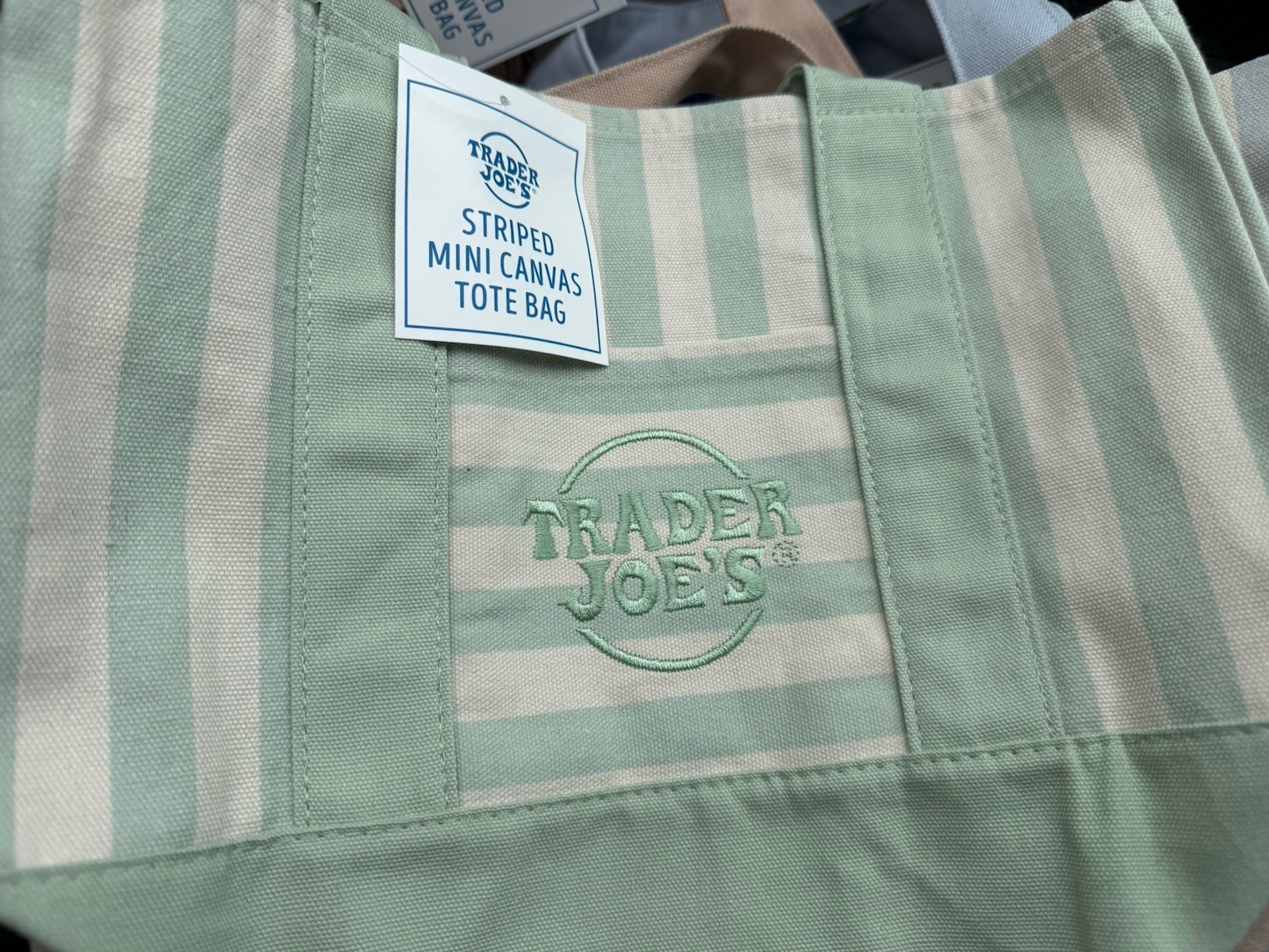 Trader Joe’s Limited Mini Canvas Pastel Striped Tote Bag 2026 Seafoam Green