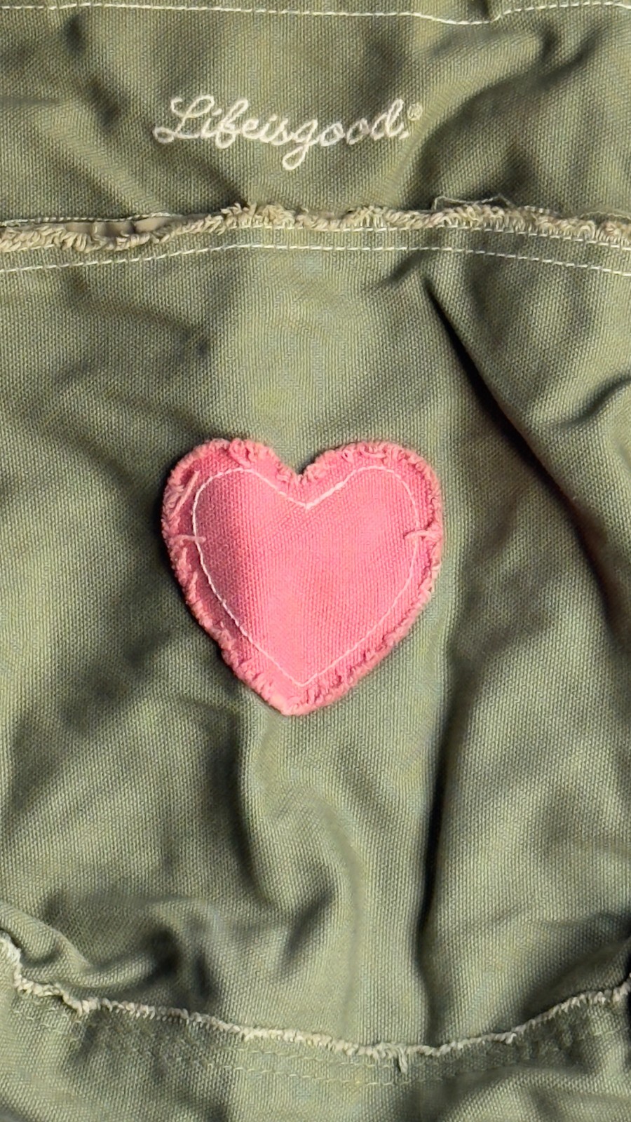 Life Is Good Tote Bag Canvas “Heart” Handles Green Pink Square Shape Cotton