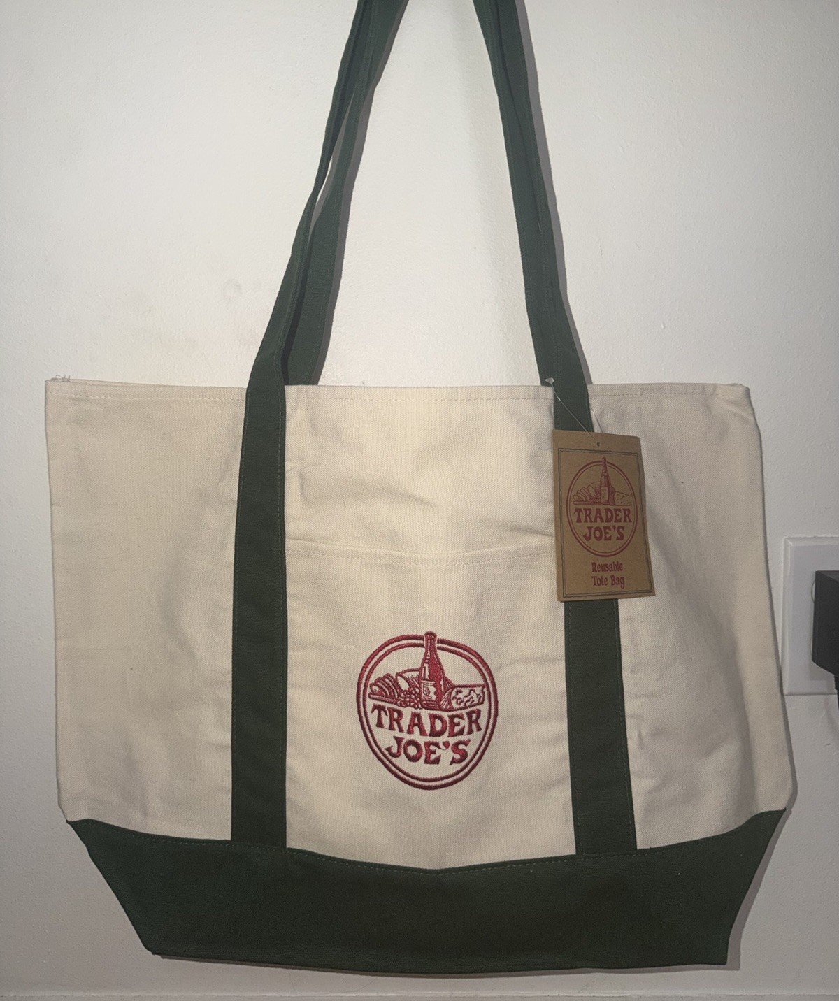 Trader Joe’s Canvas Reusable Shopping Bag Foldable Tote Green Beige