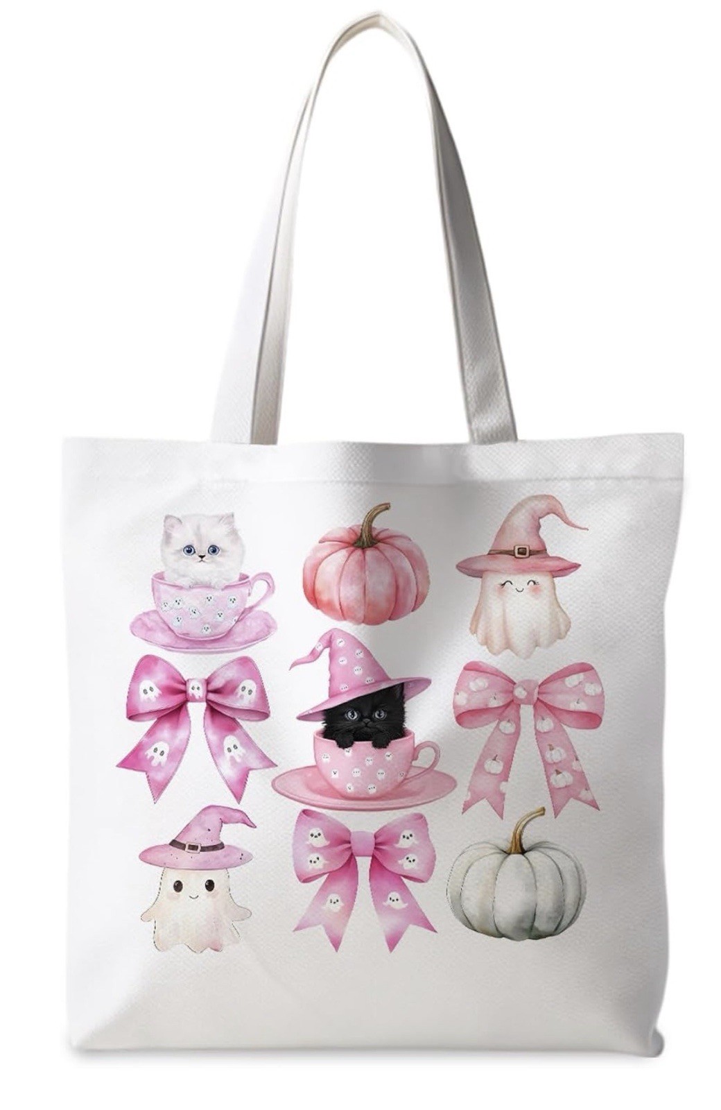 Foldable Canvas Tote Bag White Pink Halloween Cat Pumpkin Ghost All-Over Pattern