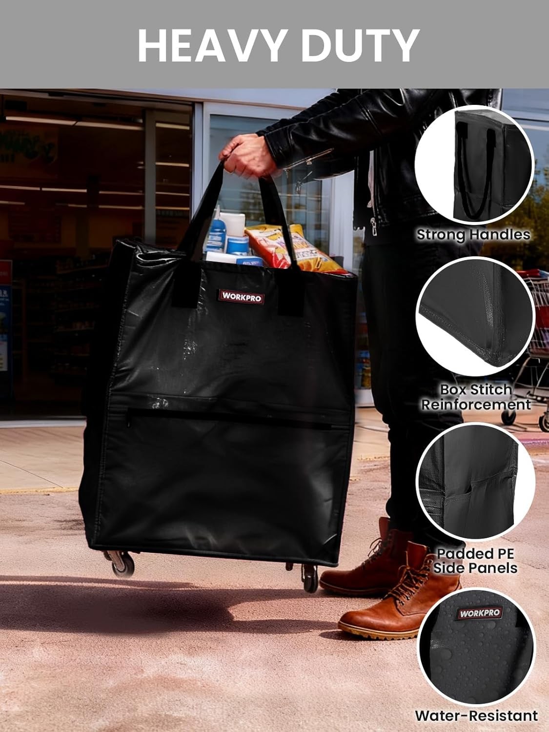 WORKPRO Reusable Grocery Bag Heavy Duty Roll Wheels Shopping Bag Folding Trolley