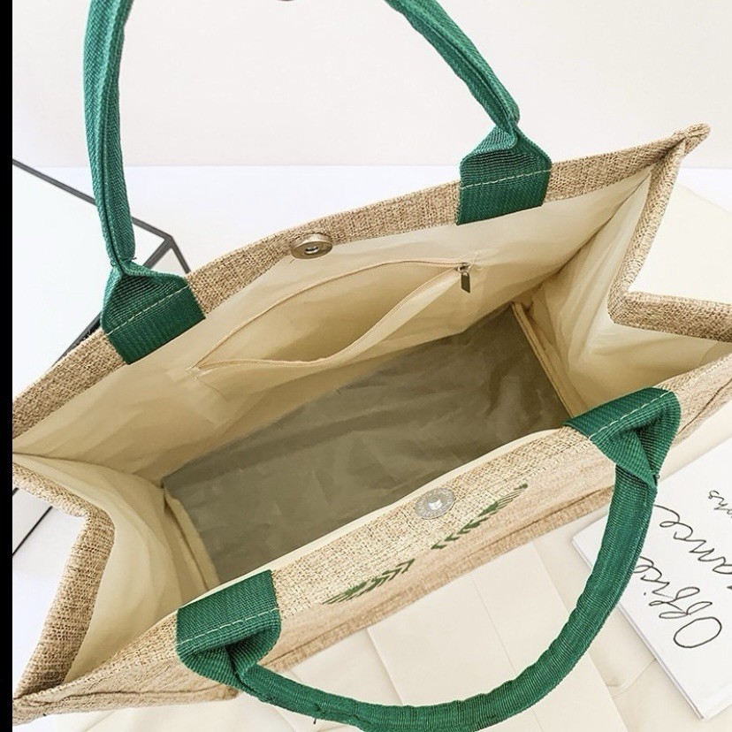 Starbucks Reusable Foldable Jute Shopping Bag Beige Green Handles Inner Pocket