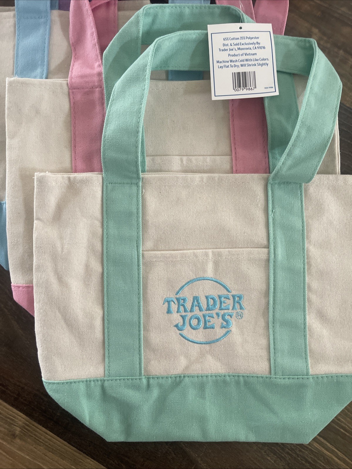 Trader Joe’s Mini Pastel Canvas Tote Bag Set Of 4 NWT Blue Green Pink Purple
