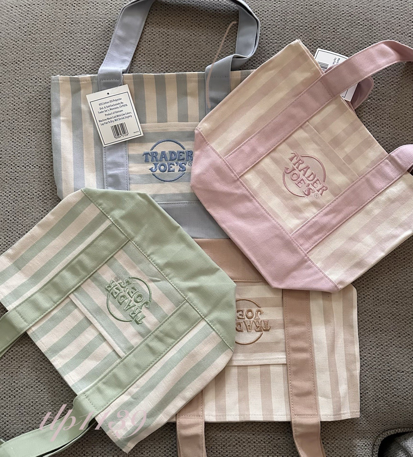 Trader Joe’s Mini Canvas Tote Bag Set of 4 Pastel Striped Bags Small Cotton NWT