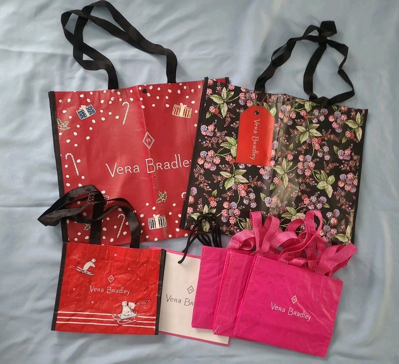 Vera Bradley Lot of 6 Reusable Shopping Bags Including Holiday, Black Floral