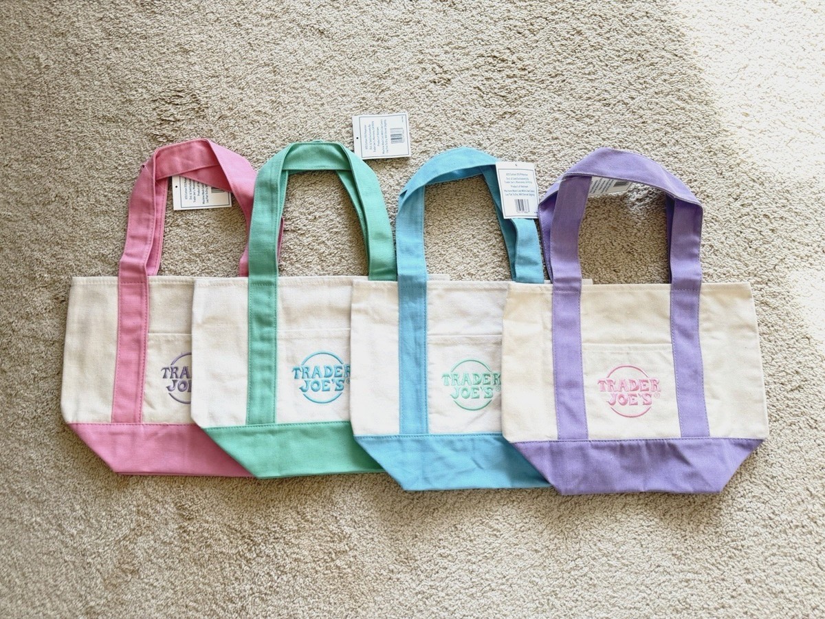 Trader Joe’s Mini Pastel Canvas Tote Bag Set Of 4 NWT Blue Green Pink Purple
