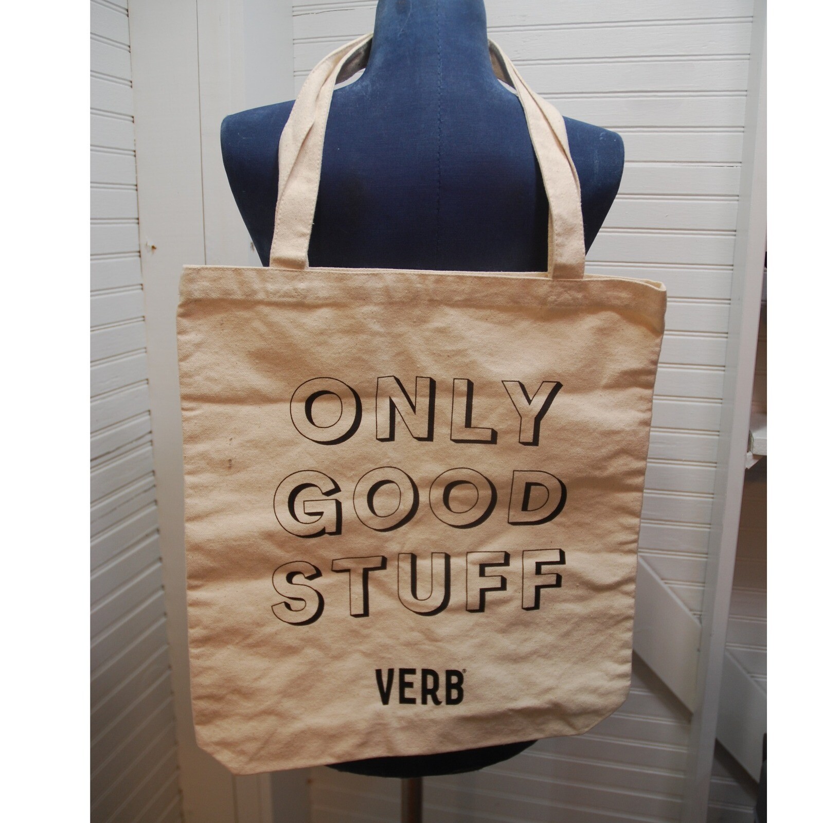 Verb Products Reusable Canvas Tote Bag NWOT “Only Good Stuff” beige & Black