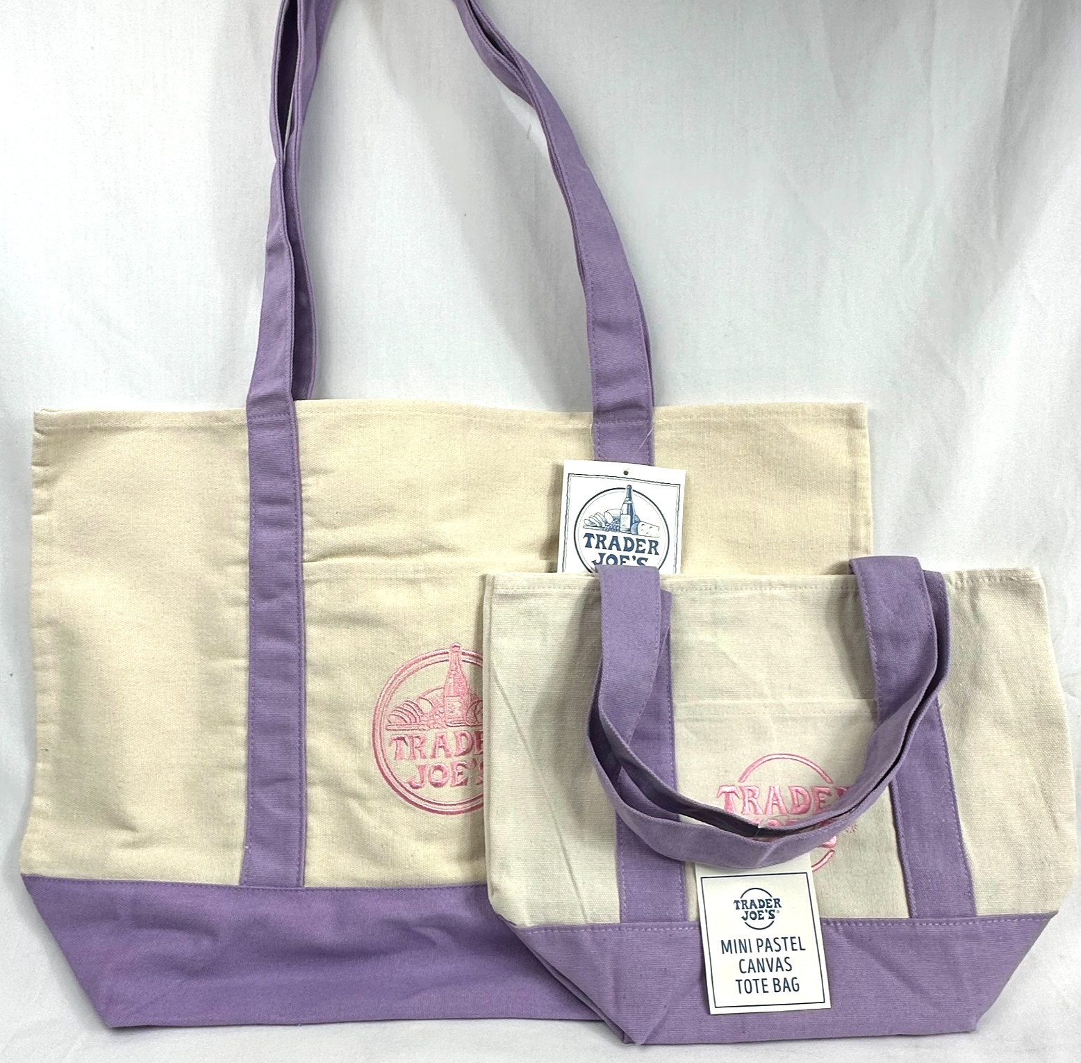 Trader Joe’s Lavender Tote Bag Set Large & Mini Canvas Reusable NEW 2026