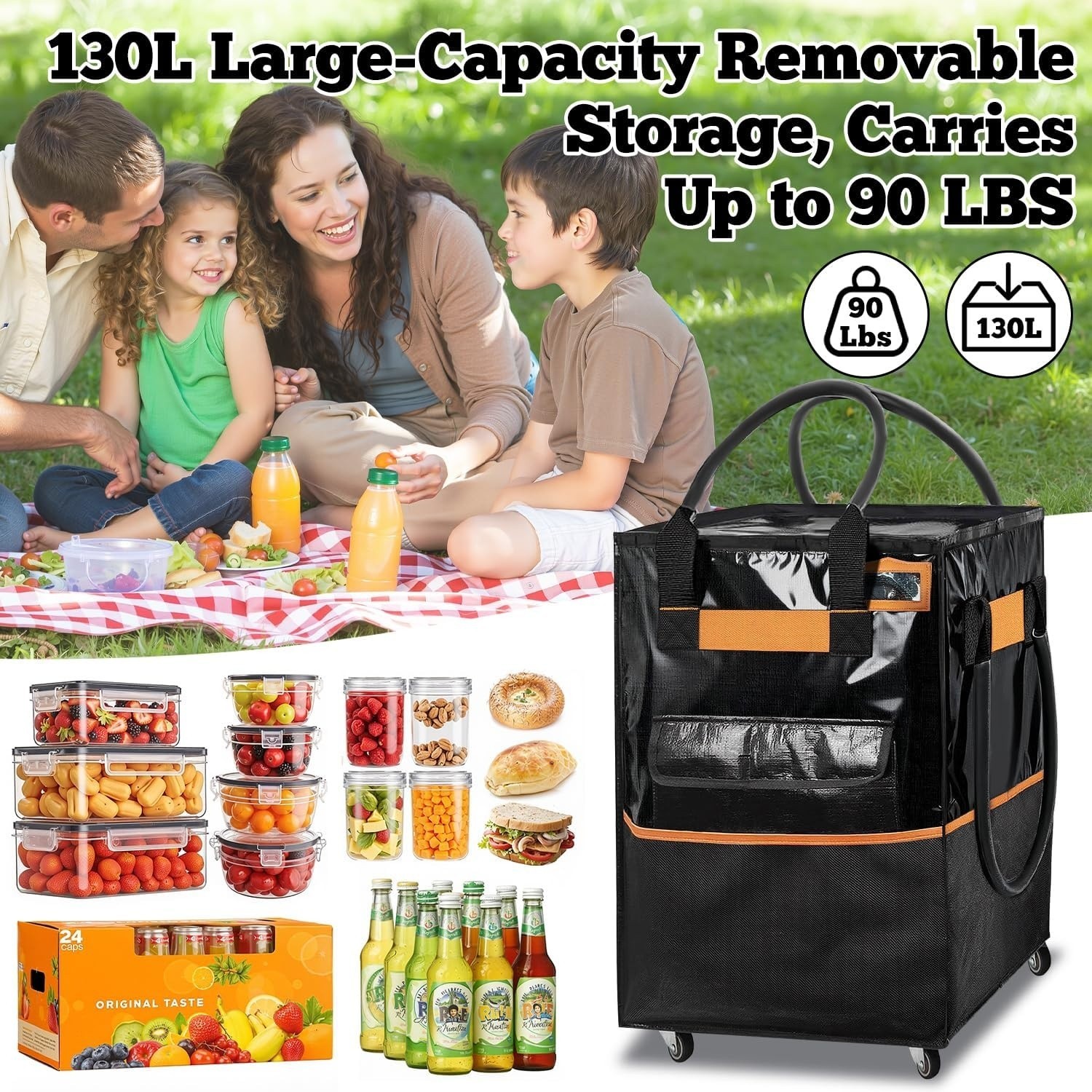 Reusable Grocery Bag on Wheels, 130L Large-Capacity Zippered Roller Tote