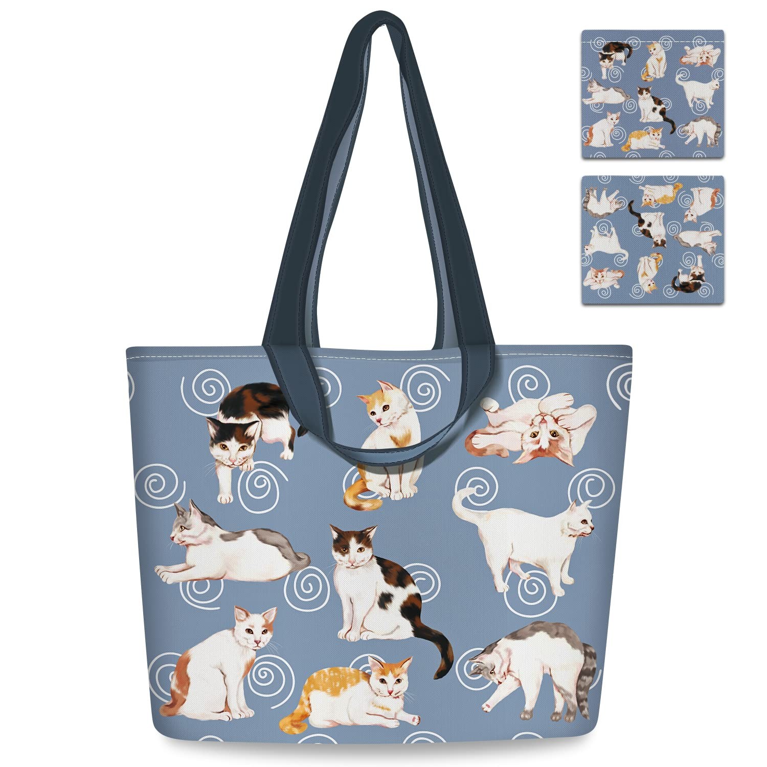 2 Pack Reusable Grocery Bags Polyester Cute Cat Shopping Bag Handles Foldable