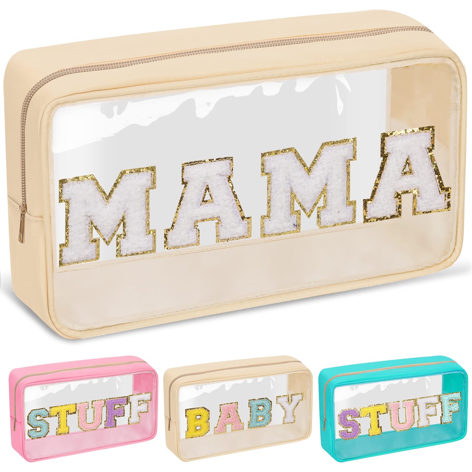 Chenille Letter Clear Makeup Bags Mama Pouch, 10.7*6.7*3.6 inches, MAMA-Beige