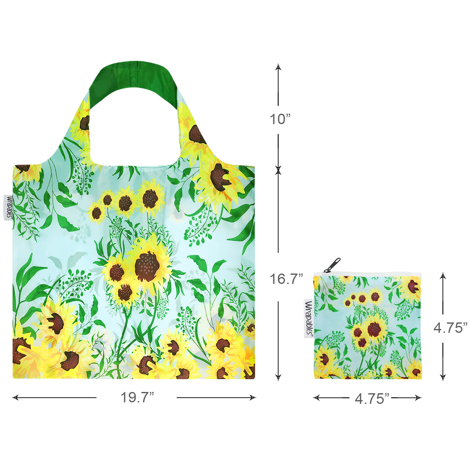 Wrapables Large Reusable Shopping Tote Bag with Outer Pouch, Sunflowers